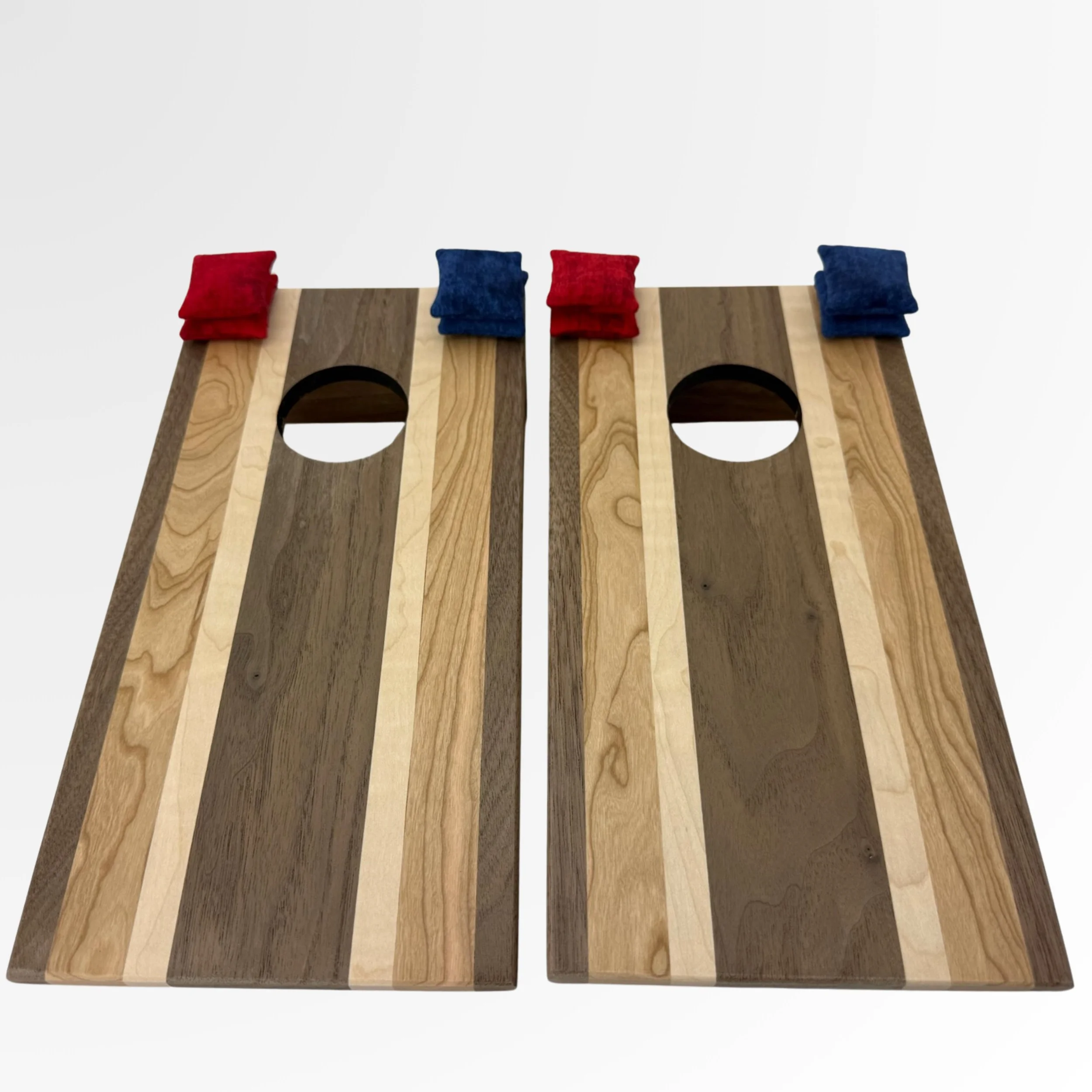 Handcrafted tabletop mini cornhole boards made from solid hardwood, walnut, cherry, curly maple