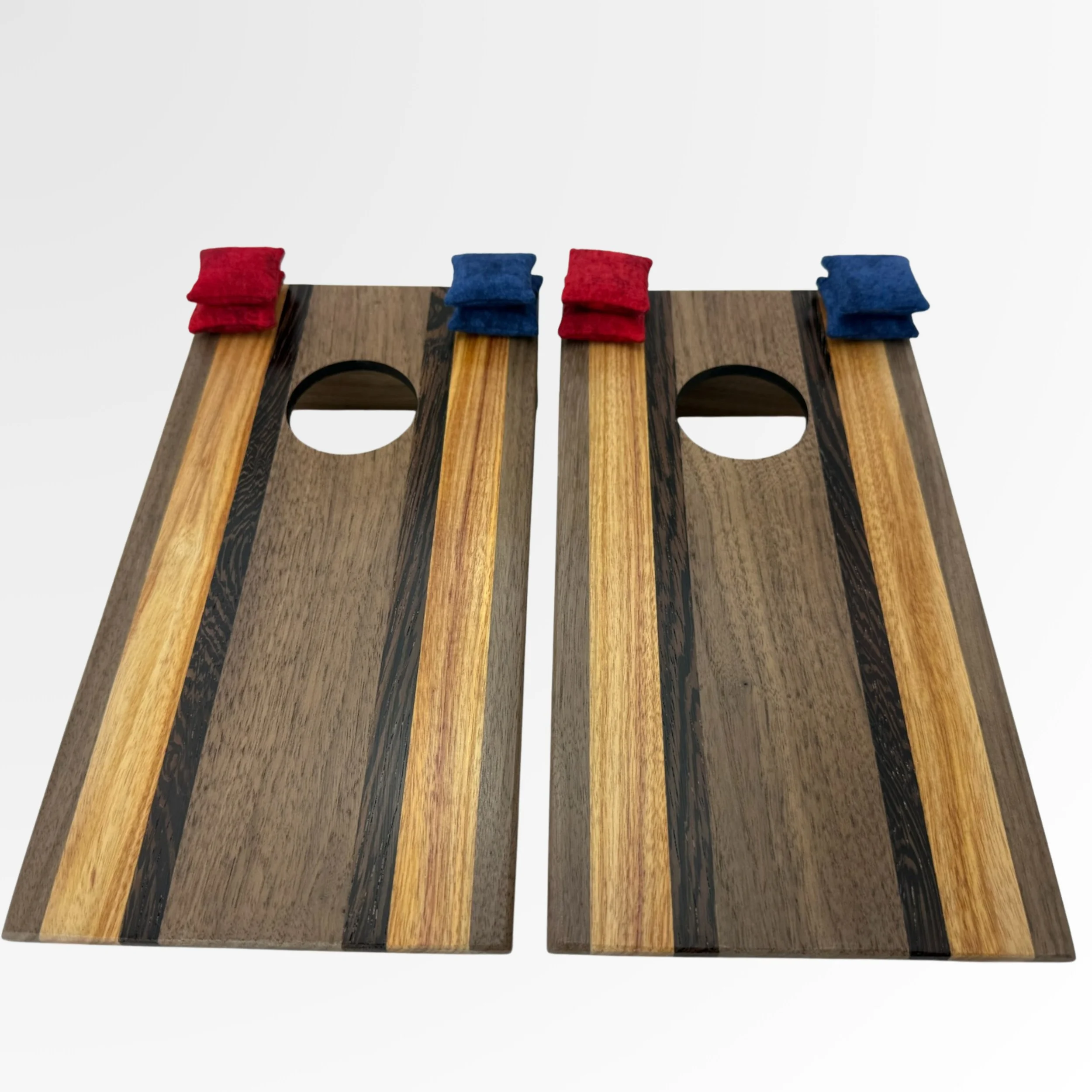 Handcrafted tabletop mini cornhole boards made from solid hardwood, walnut, purple heart, canary
