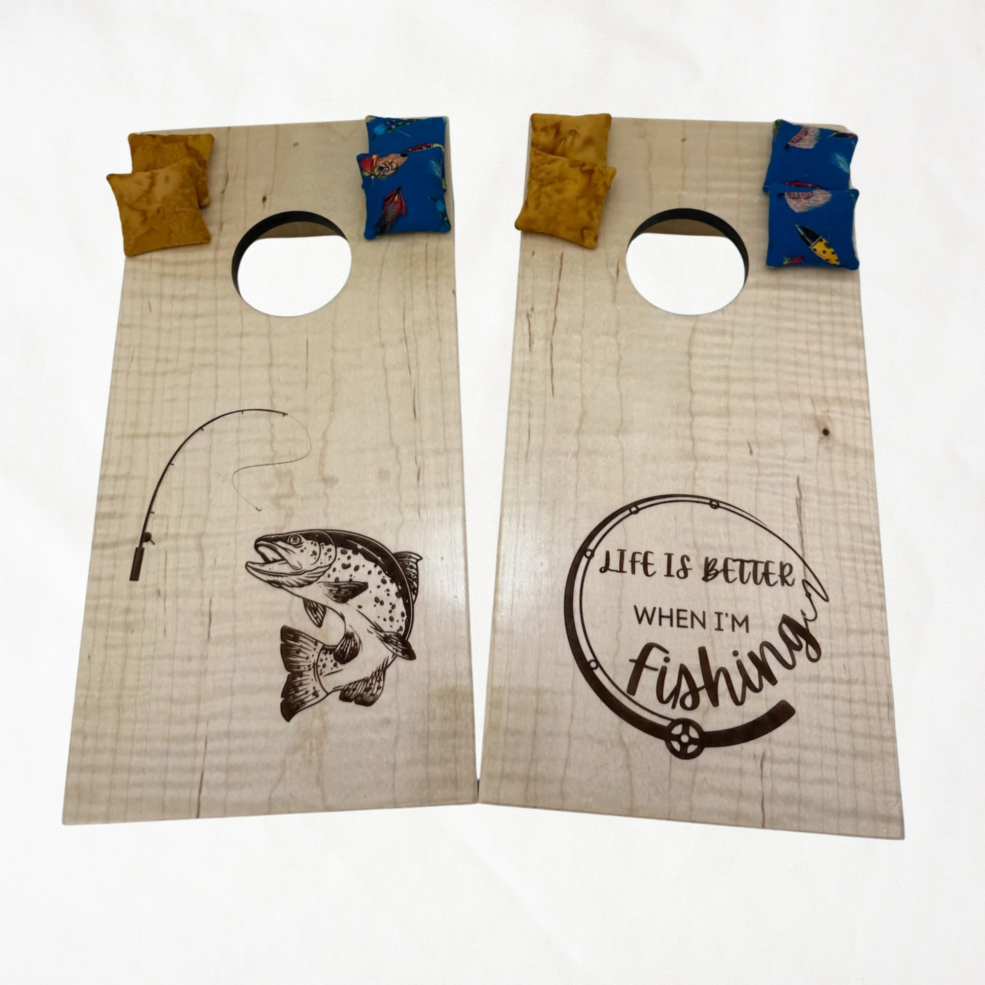 Handcrafted tabletop mini cornhole boards made from solid hardwood, maple wood, engraved with fishing life