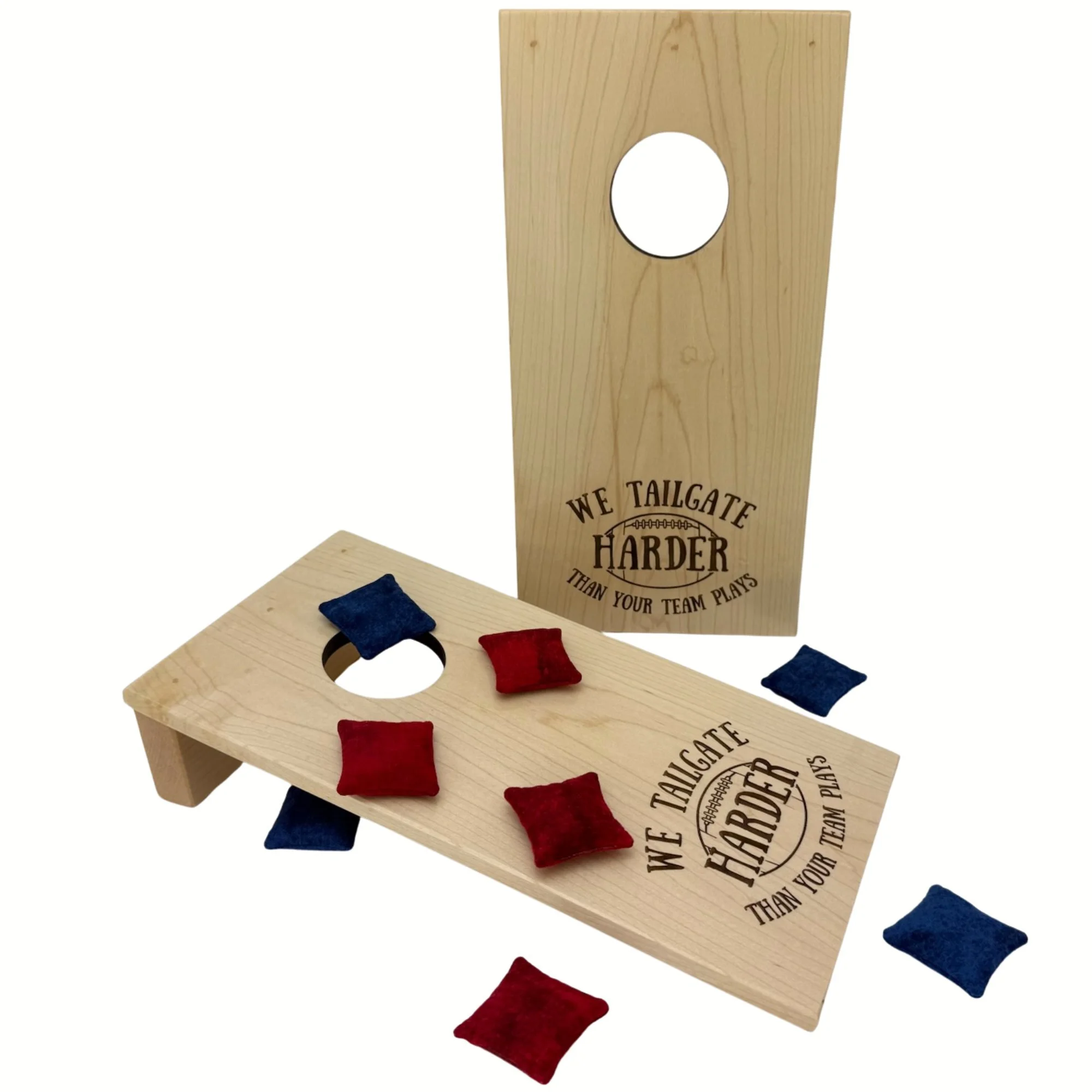 Handcrafted tabletop mini cornhole boards made from solid hardwood, maple wood, and engraved with tailgating