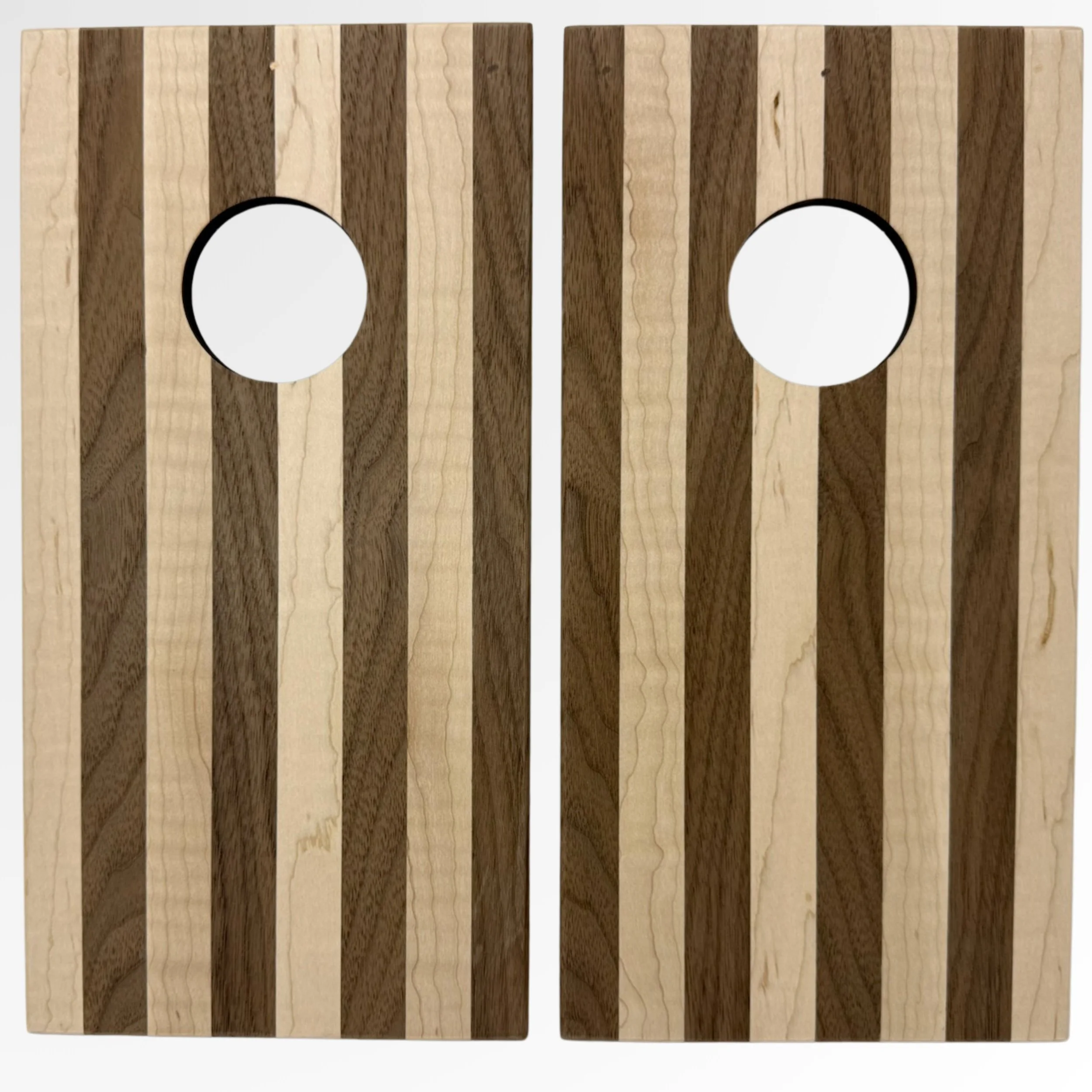 Handcrafted tabletop mini cornhole boards made from solid hardwood, walnut and curly maple stripes description