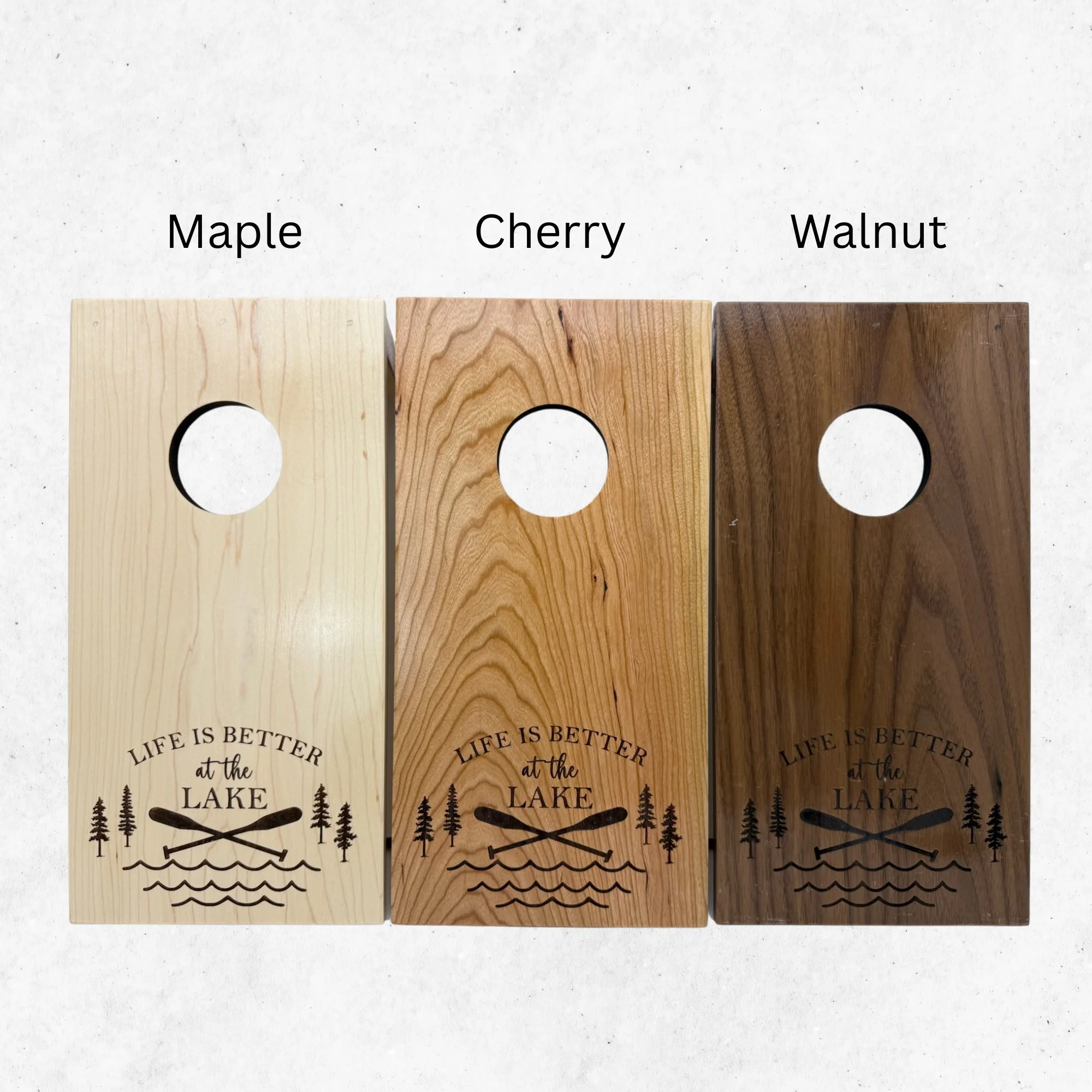 Wood variants for Lake Life engraving. Maple, Cherry, Walnut