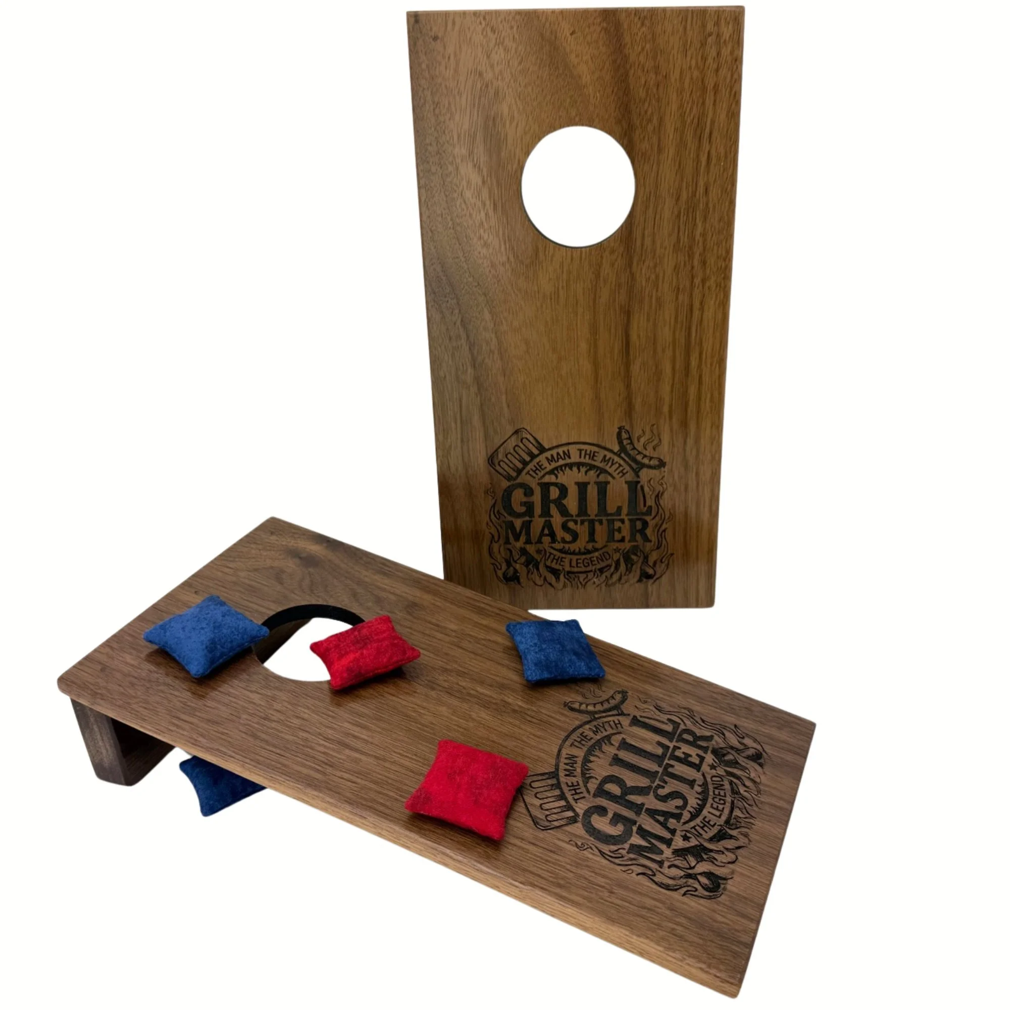 Handcrafted tabletop mini cornhole boards made from solid hardwood, cherry wood, and engraved with grill master