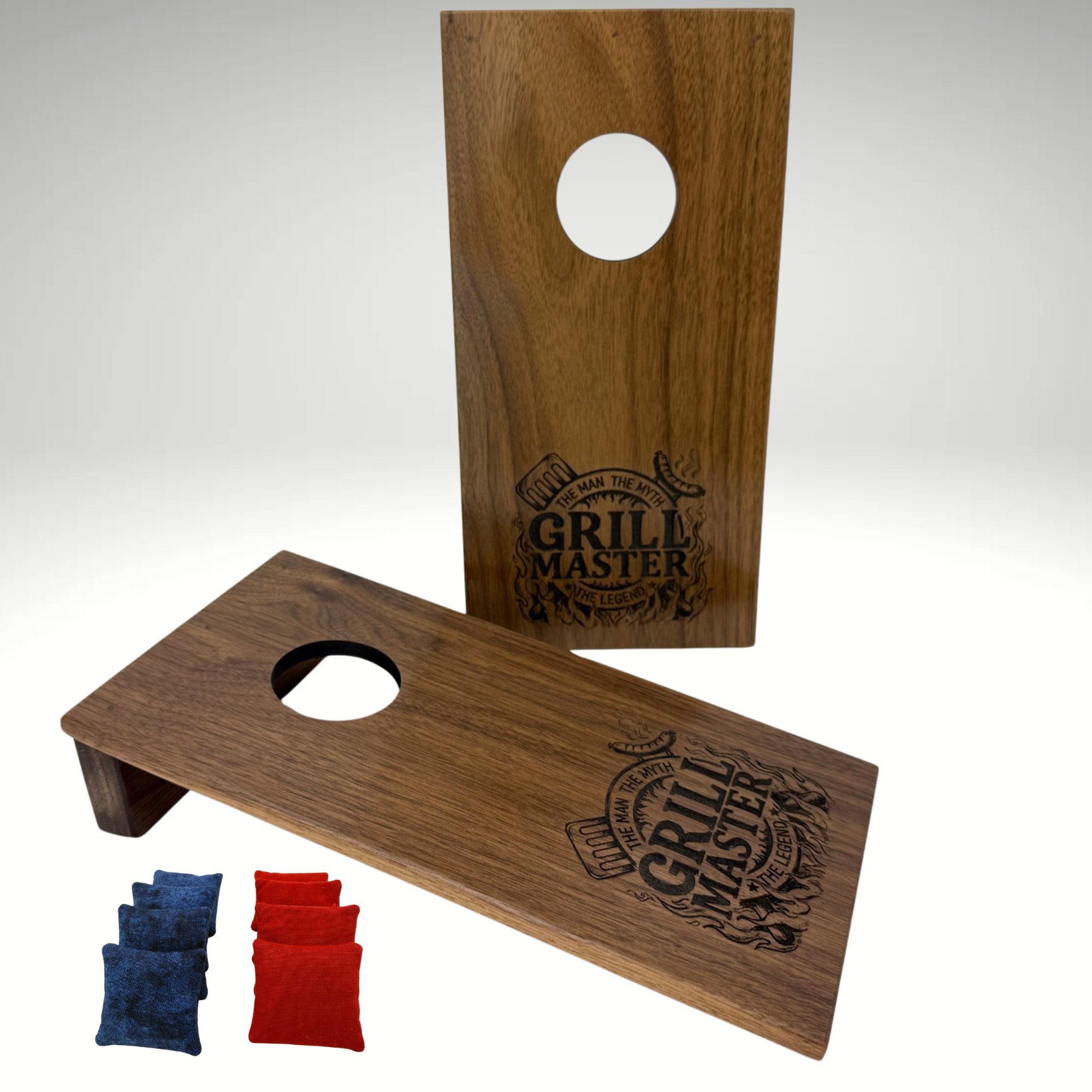 Handcrafted tabletop mini cornhole boards made from solid hardwood, cherry wood, and engraved with grill master