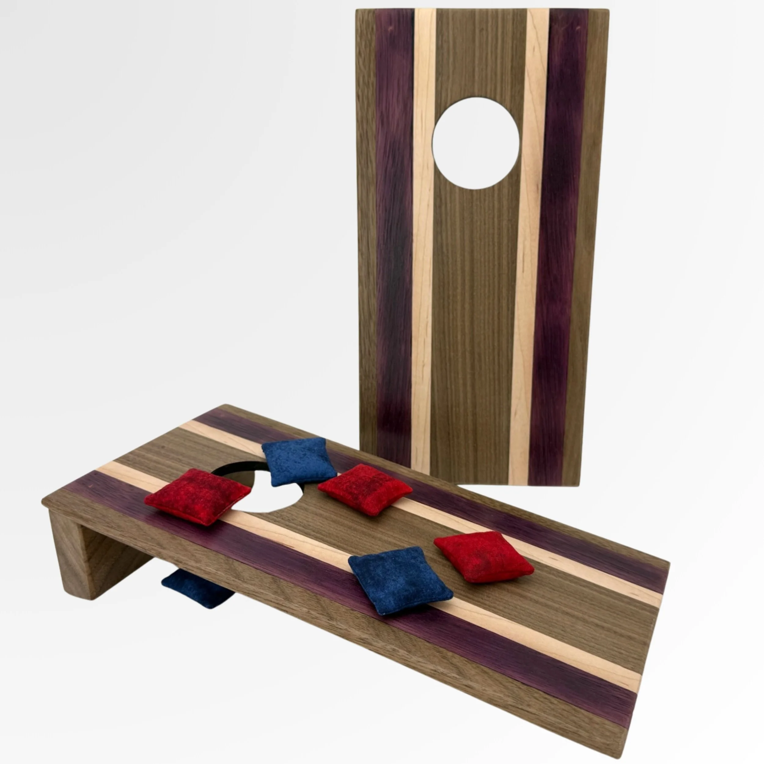 Handcrafted tabletop mini cornhole boards made from solid hardwood, walnut, maple, purpleheart