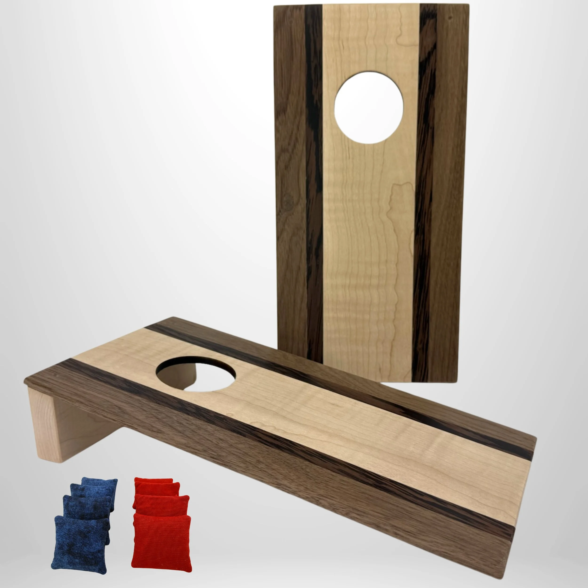 Handcrafted tabletop mini cornhole boards made from solid hardwood,  curly maple center with walnut and wenge border