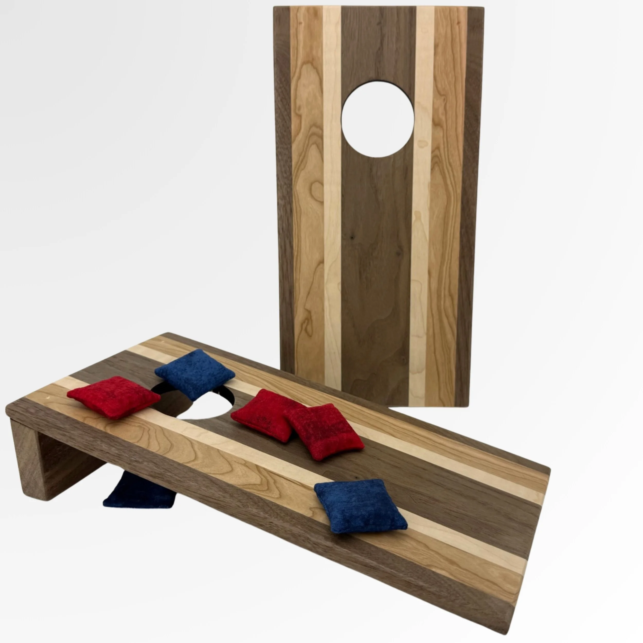 Handcrafted tabletop mini cornhole boards made from solid hardwood, walnut, cherry, curly maple