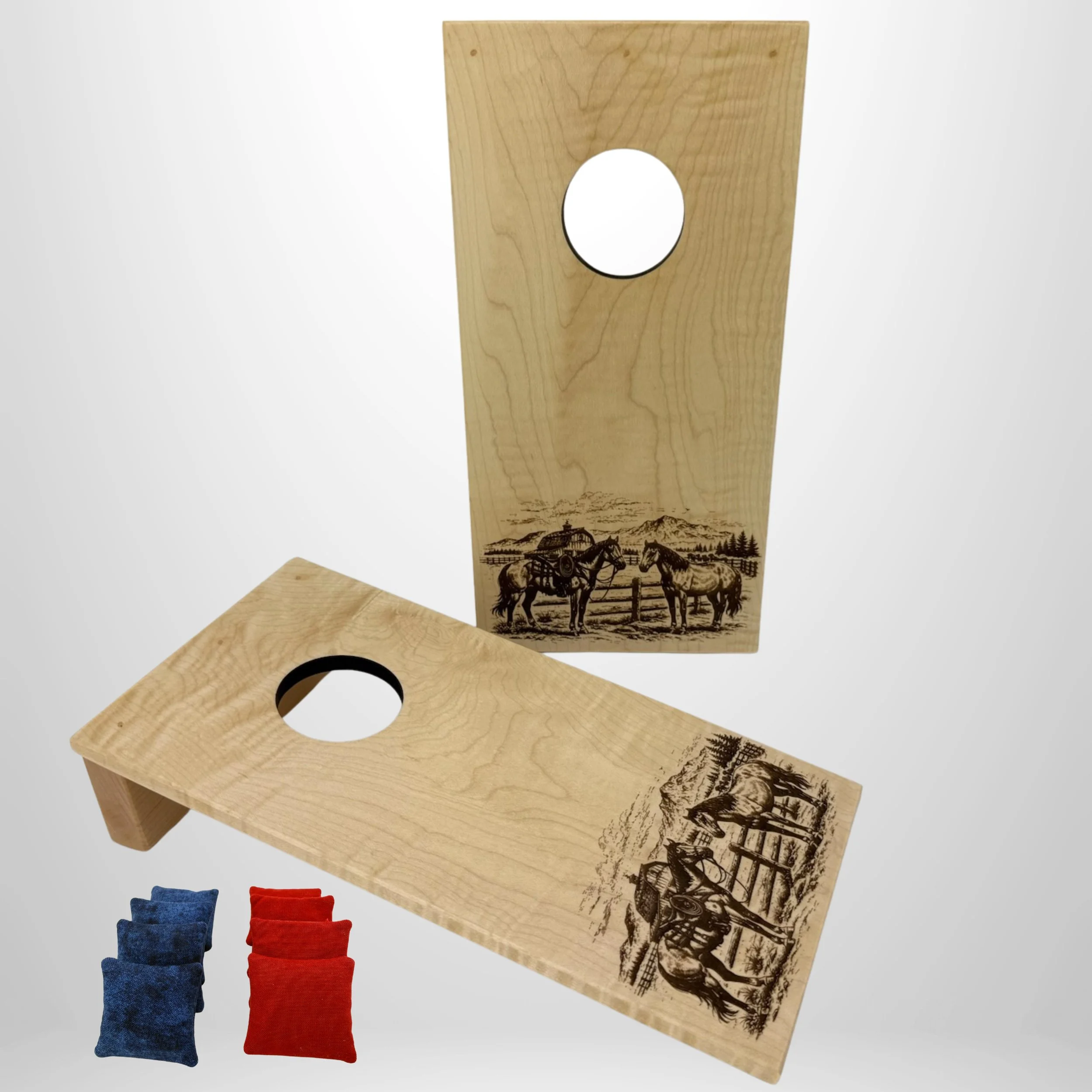 Handcrafted tabletop mini cornhole boards made from solid hardwood, maple wood engraved with ranch scene