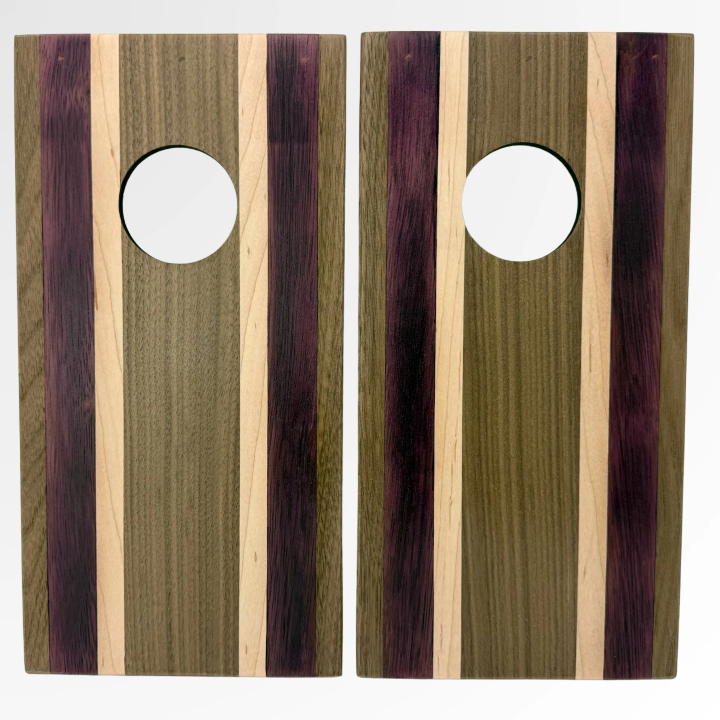 Handcrafted tabletop mini cornhole boards made from solid hardwood, walnut, maple, purpleheart