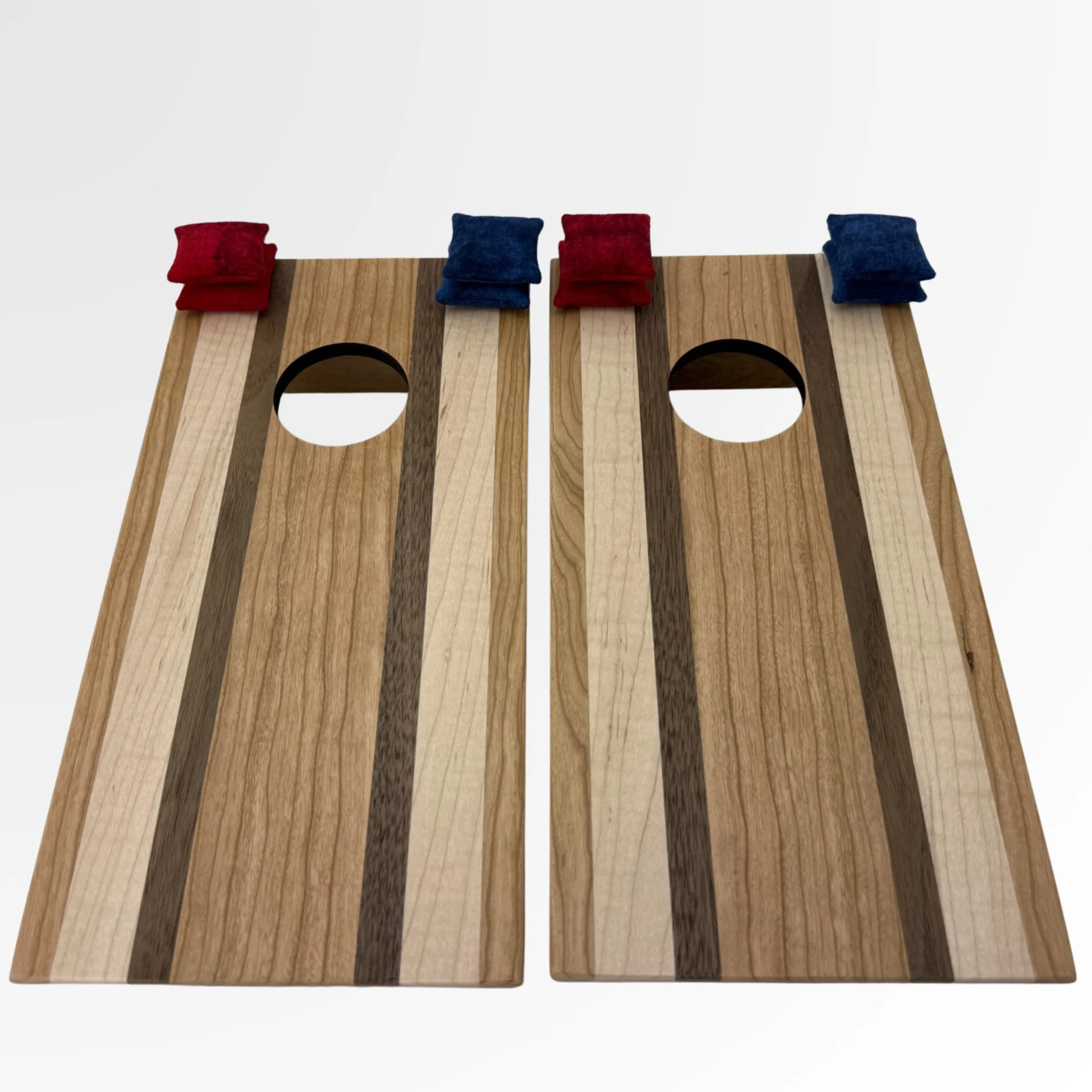 Handcrafted tabletop mini cornhole boards made from solid hardwood,  Zebra, wenge, curly maple