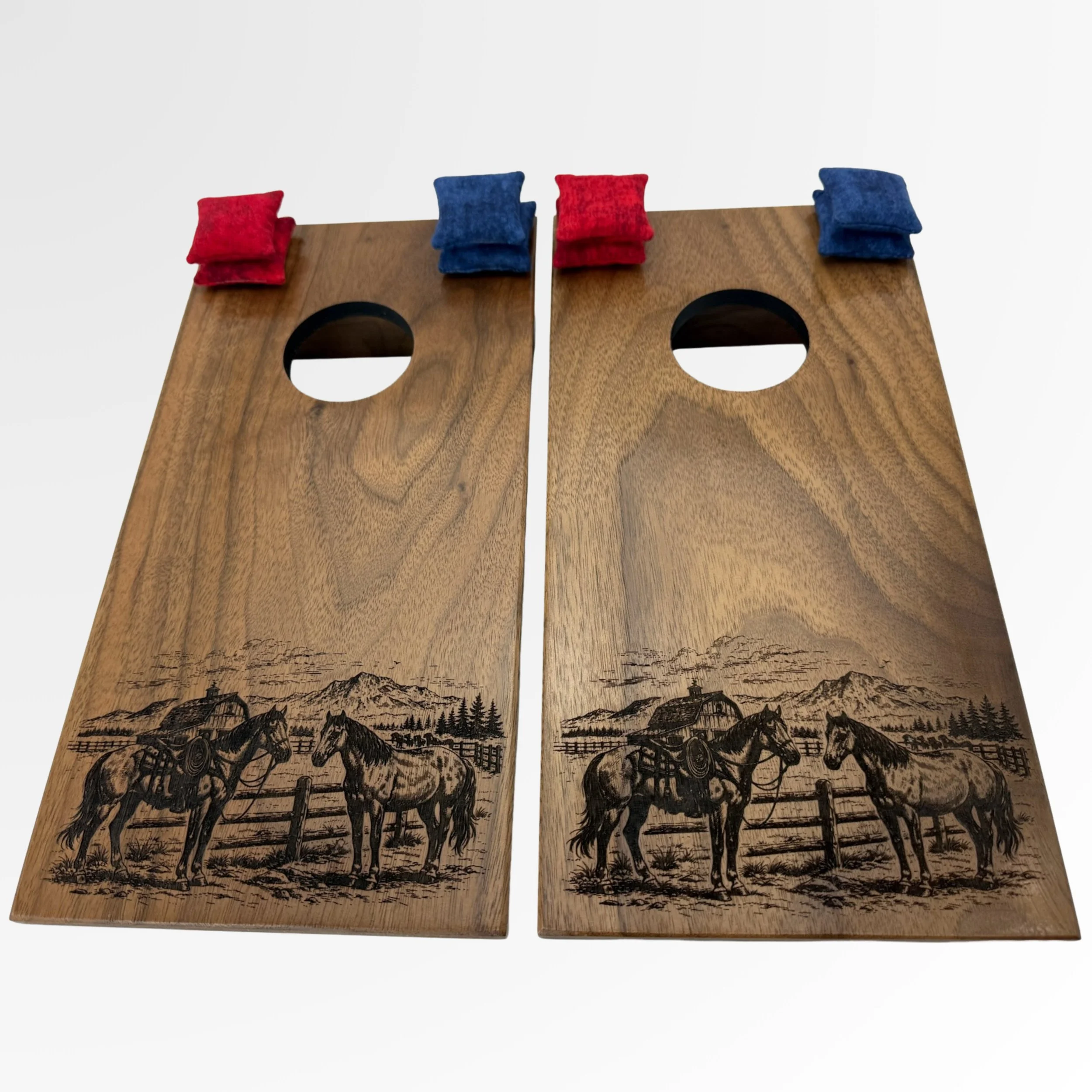Handcrafted tabletop mini cornhole boards made from solid hardwood, walnut wood engraved with ranch scene