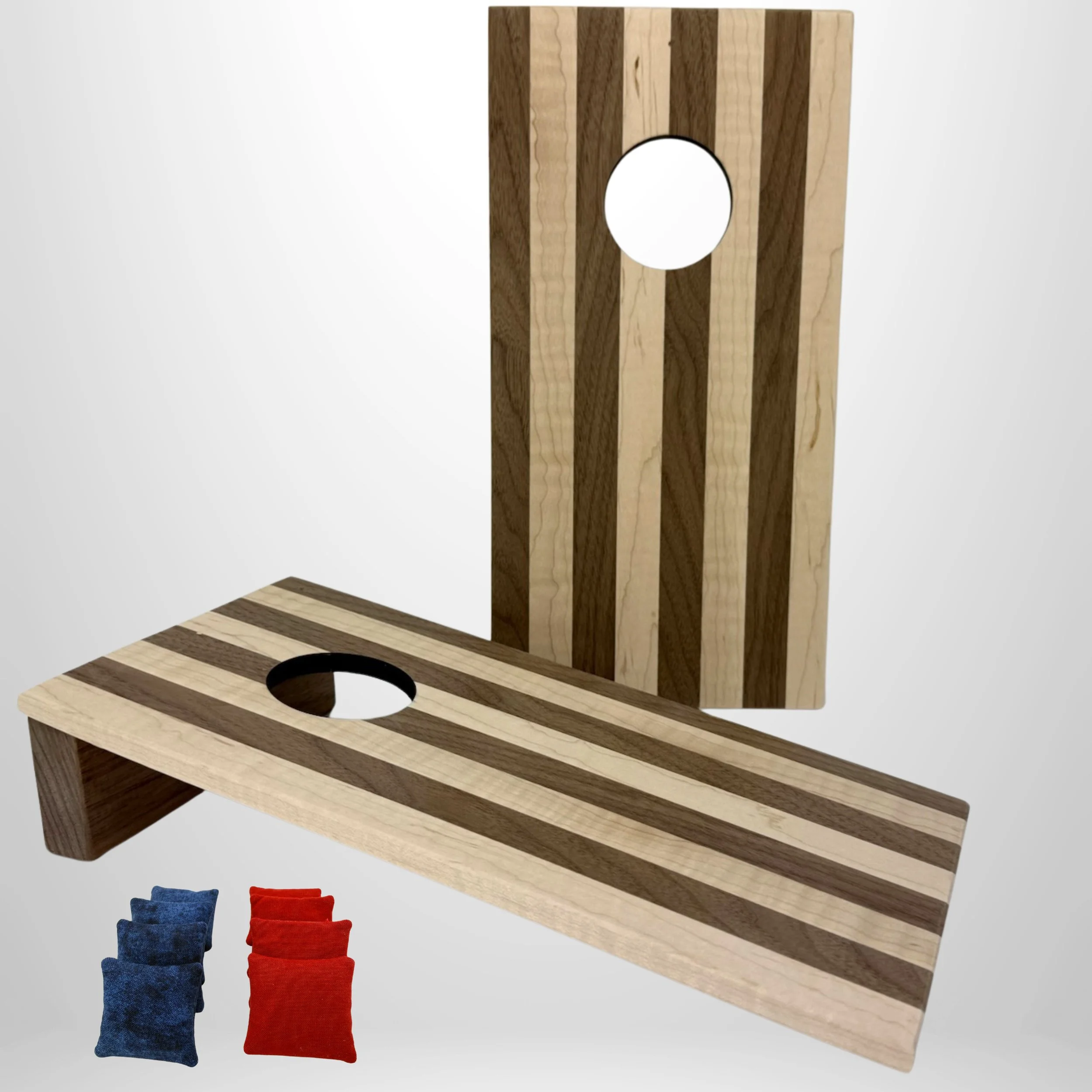 Handcrafted tabletop mini cornhole boards made from solid hardwood, walnut and curly maple stripes description