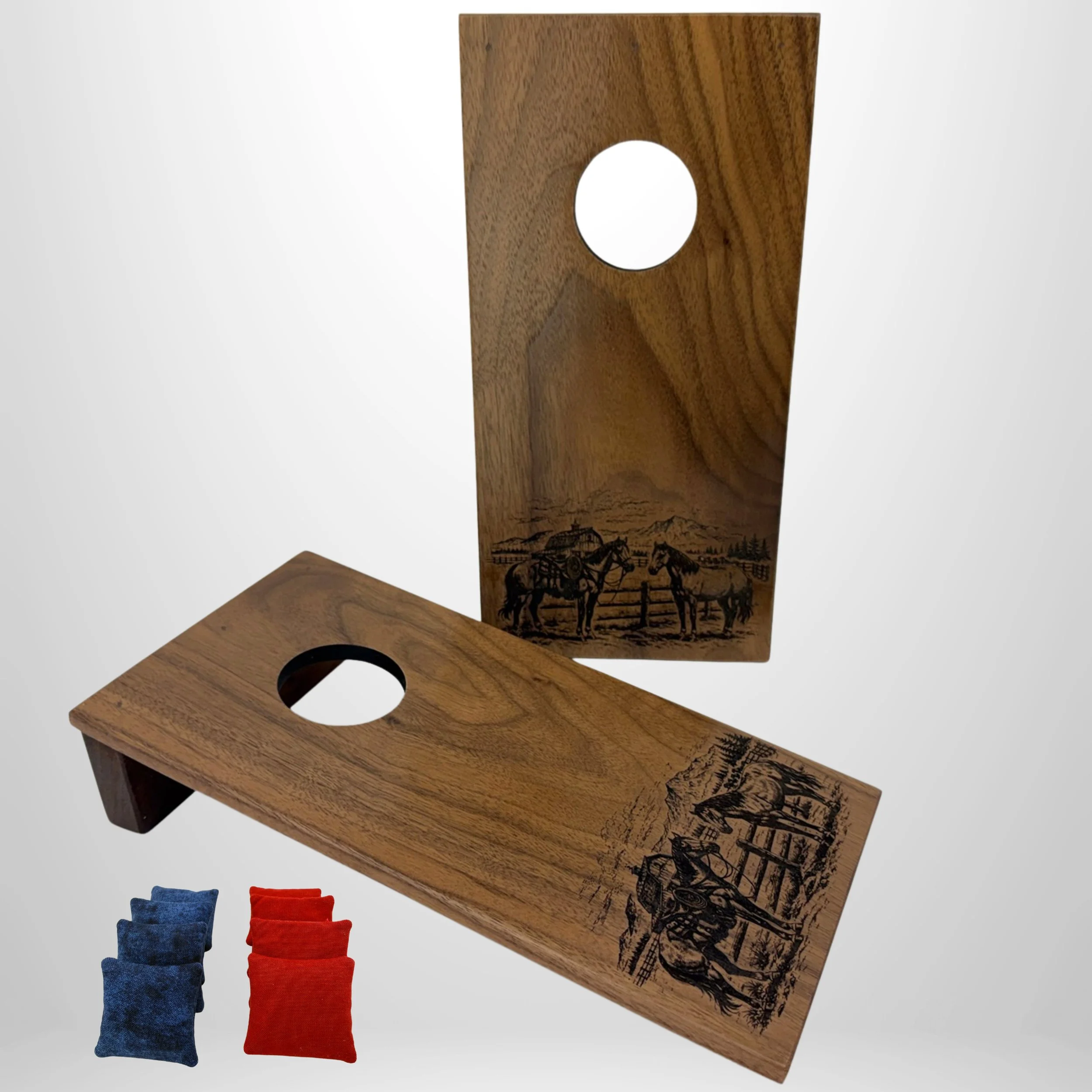 Handcrafted tabletop mini cornhole boards made from solid hardwood, walnut wood engraved with ranch scene