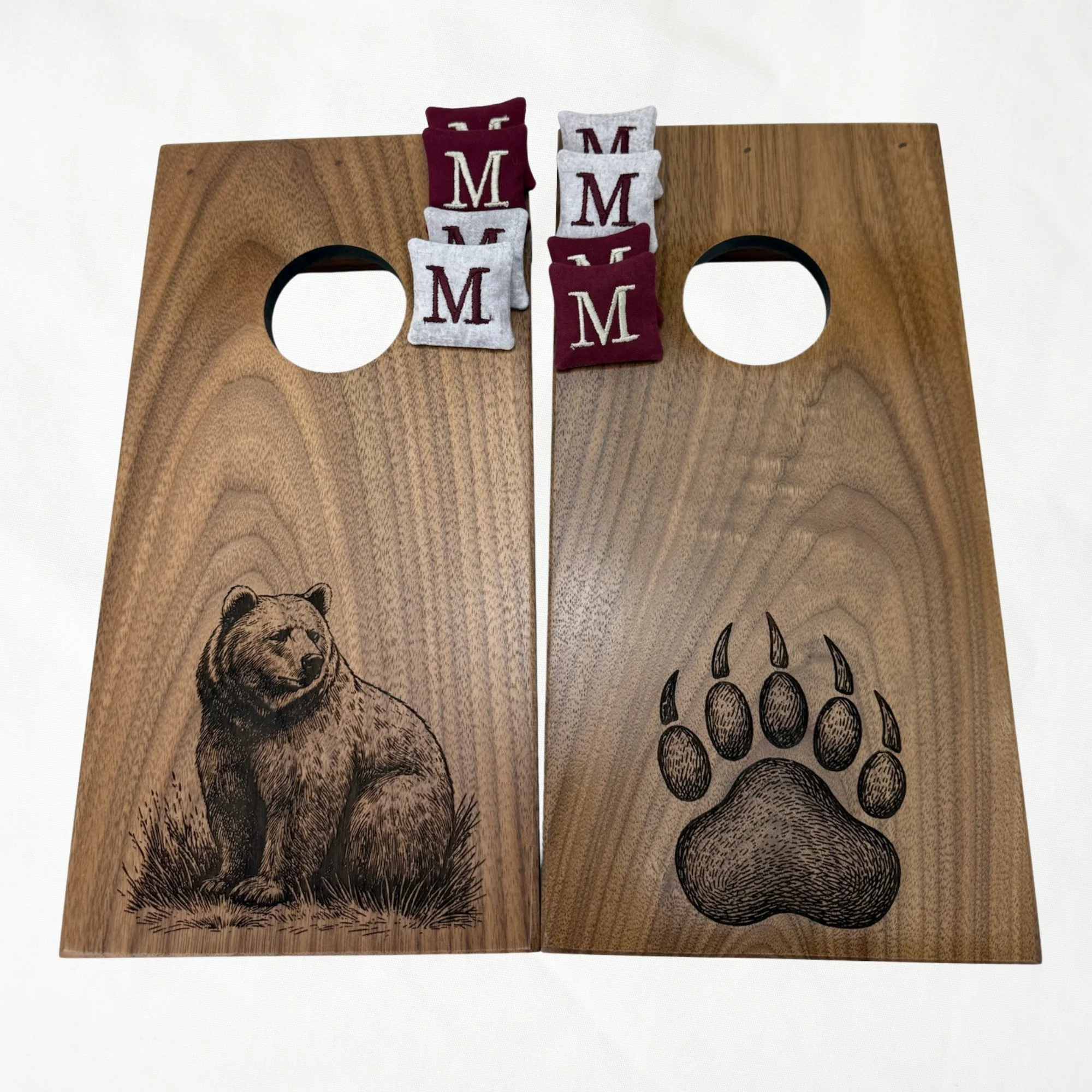 Handcrafted tabletop mini cornhole boards made from solid hardwood, walnut wood, engraved with grizzly