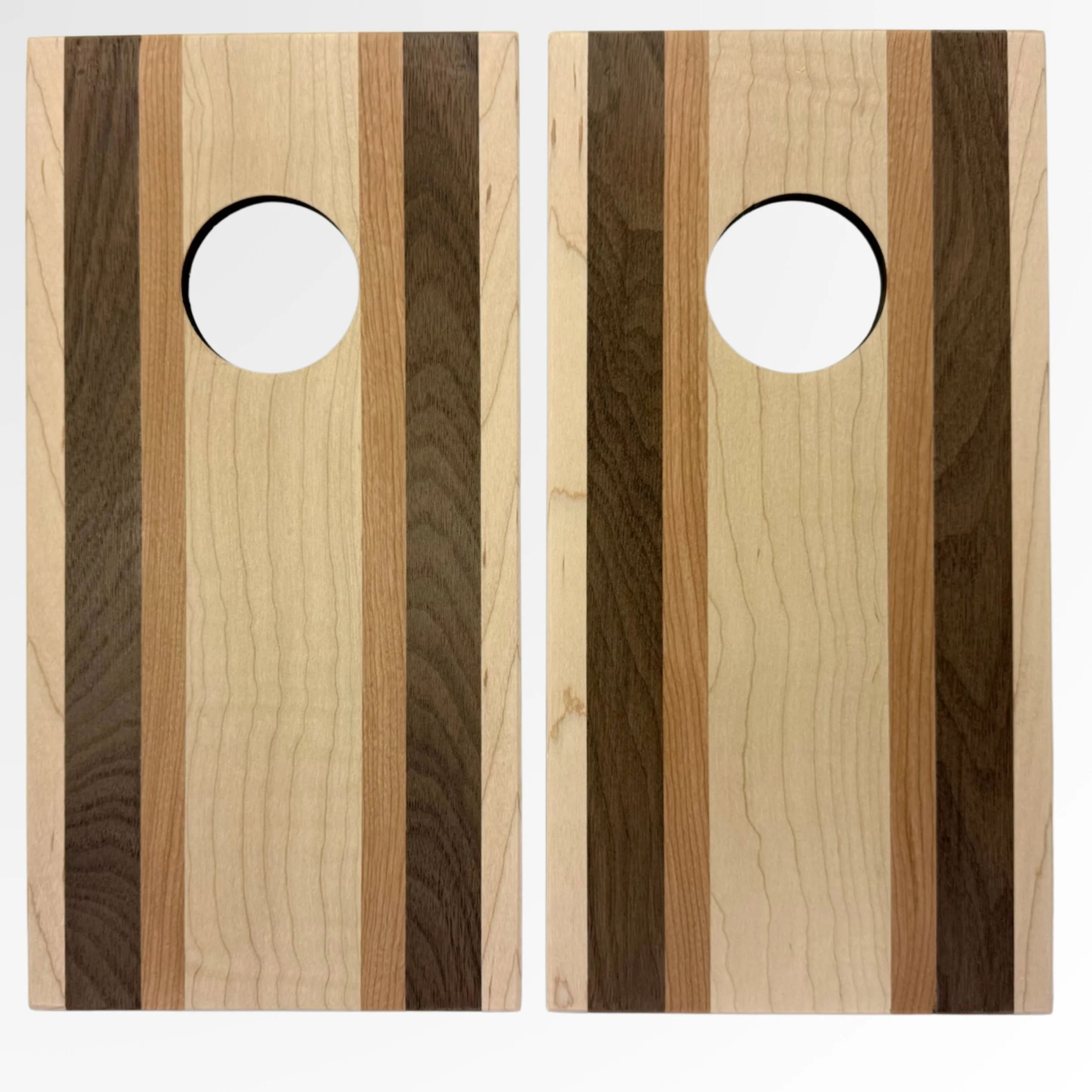 Handcrafted tabletop mini cornhole boards made from solid hardwood, curly maple with a walnut and cherry wood strip