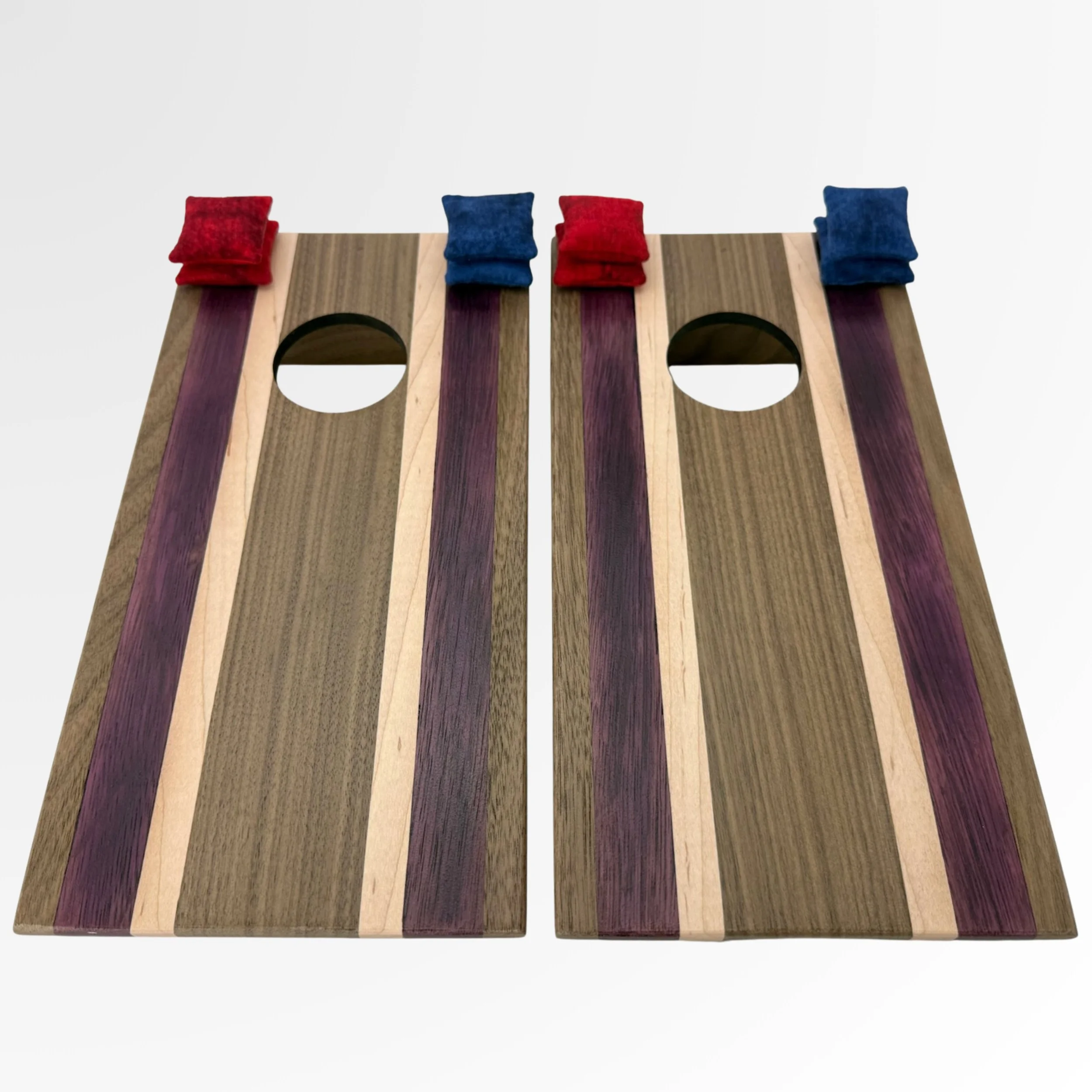 Handcrafted tabletop mini cornhole boards made from solid hardwood, walnut, maple, purpleheart