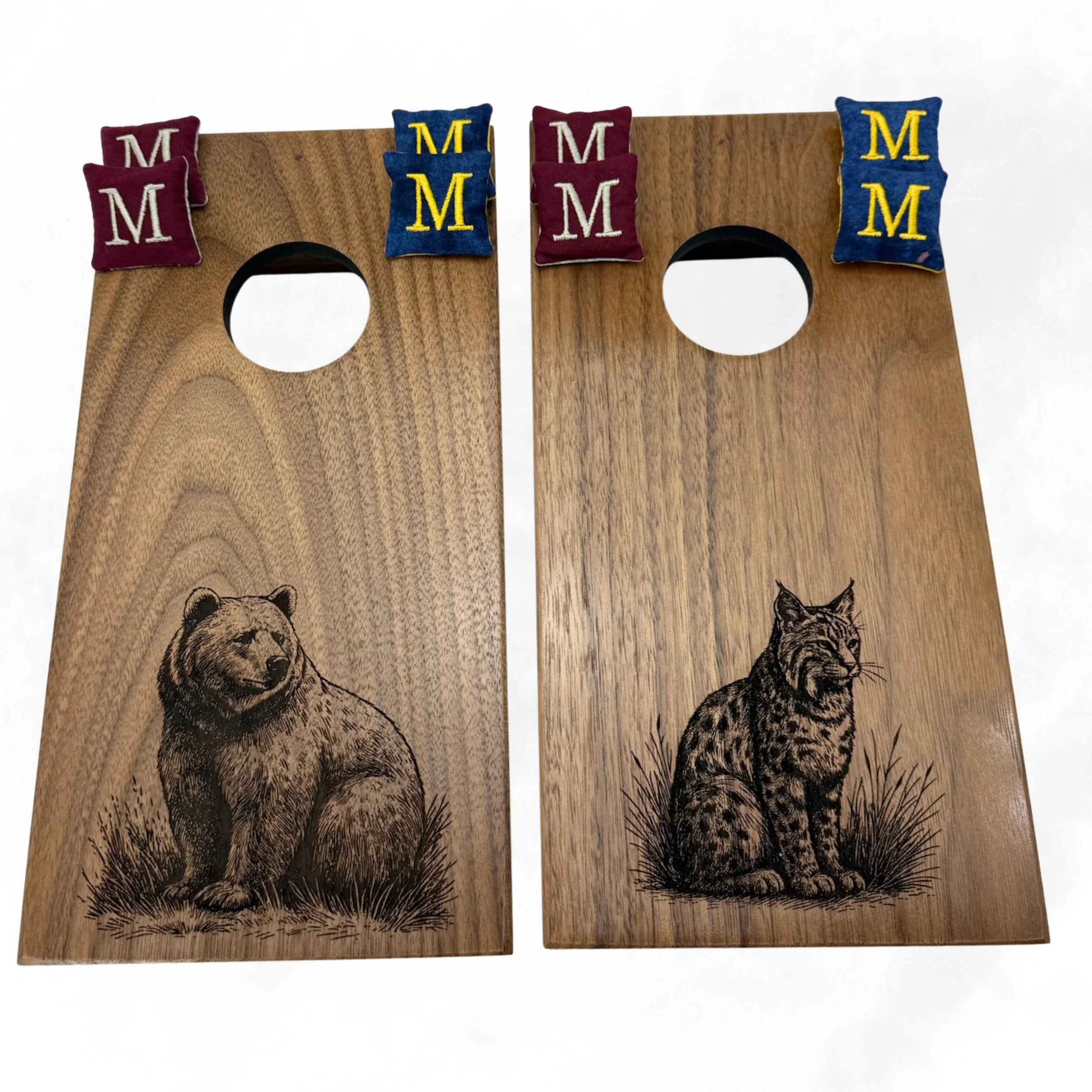 Handcrafted tabletop mini cornhole boards made from solid hardwood, walnut wood, engraved with grizzly & bobcat