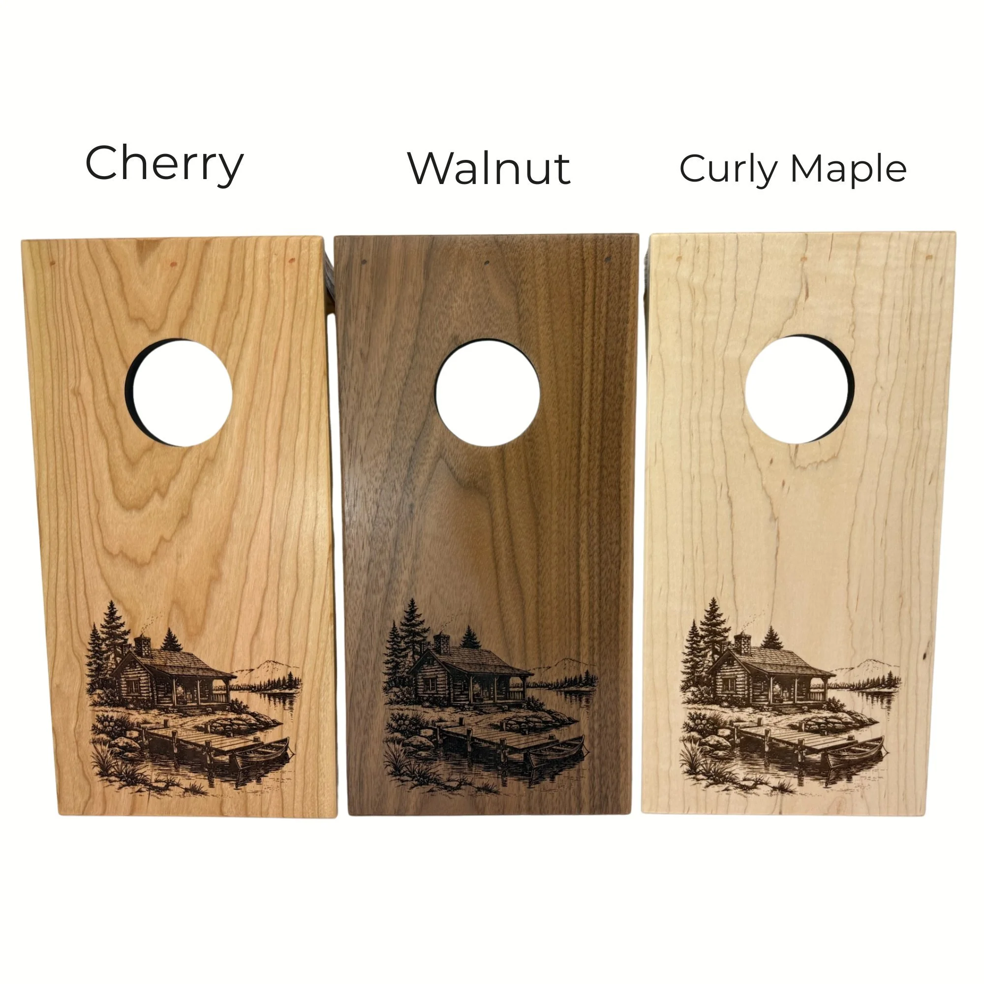 Wood variants for cabin engraving. Maple, Cherry, Walnut
