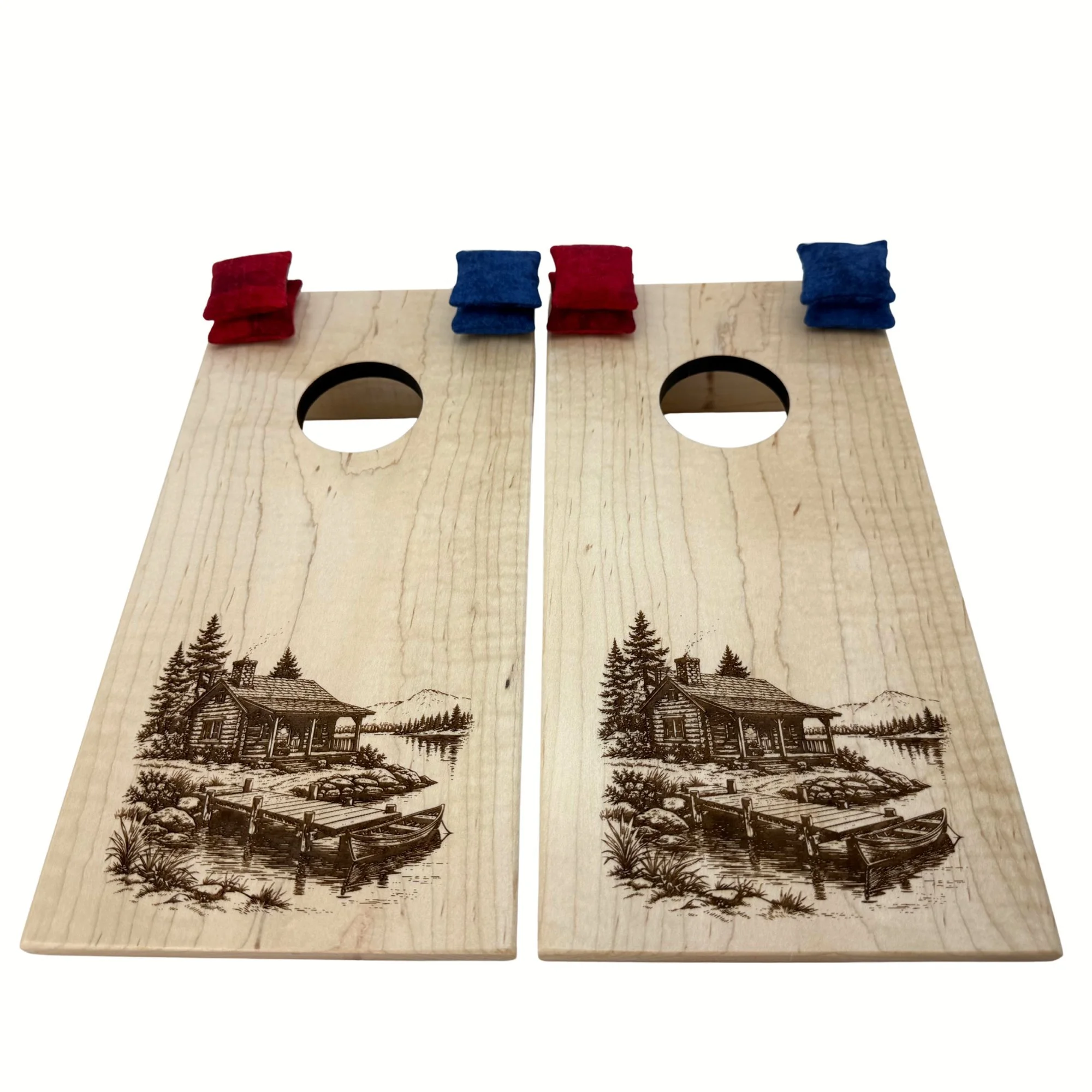 Handcrafted tabletop mini cornhole boards made from solid hardwood, walnut wood, and engraved with a cabin
