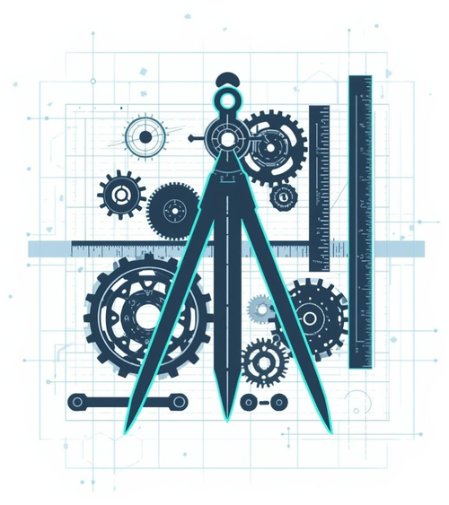 An engineering precision graphic featuring a central drafting compass, mechanical gears, and a ruler over a blueprint grid, symbolizing Stellaro's technical leadership in automation.