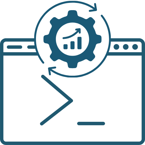 A migration icon featuring a terminal window and a gear with a growth chart encircled by refresh arrows, symbolizing legacy system upgrades