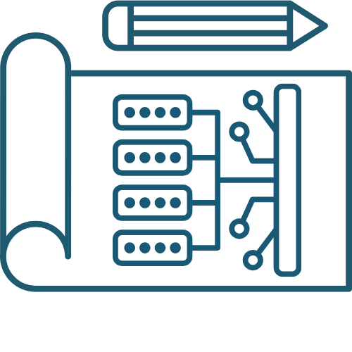 An icon for network and infrastructure design services featuring a technical blueprint with a circuit diagram and a pencil.
