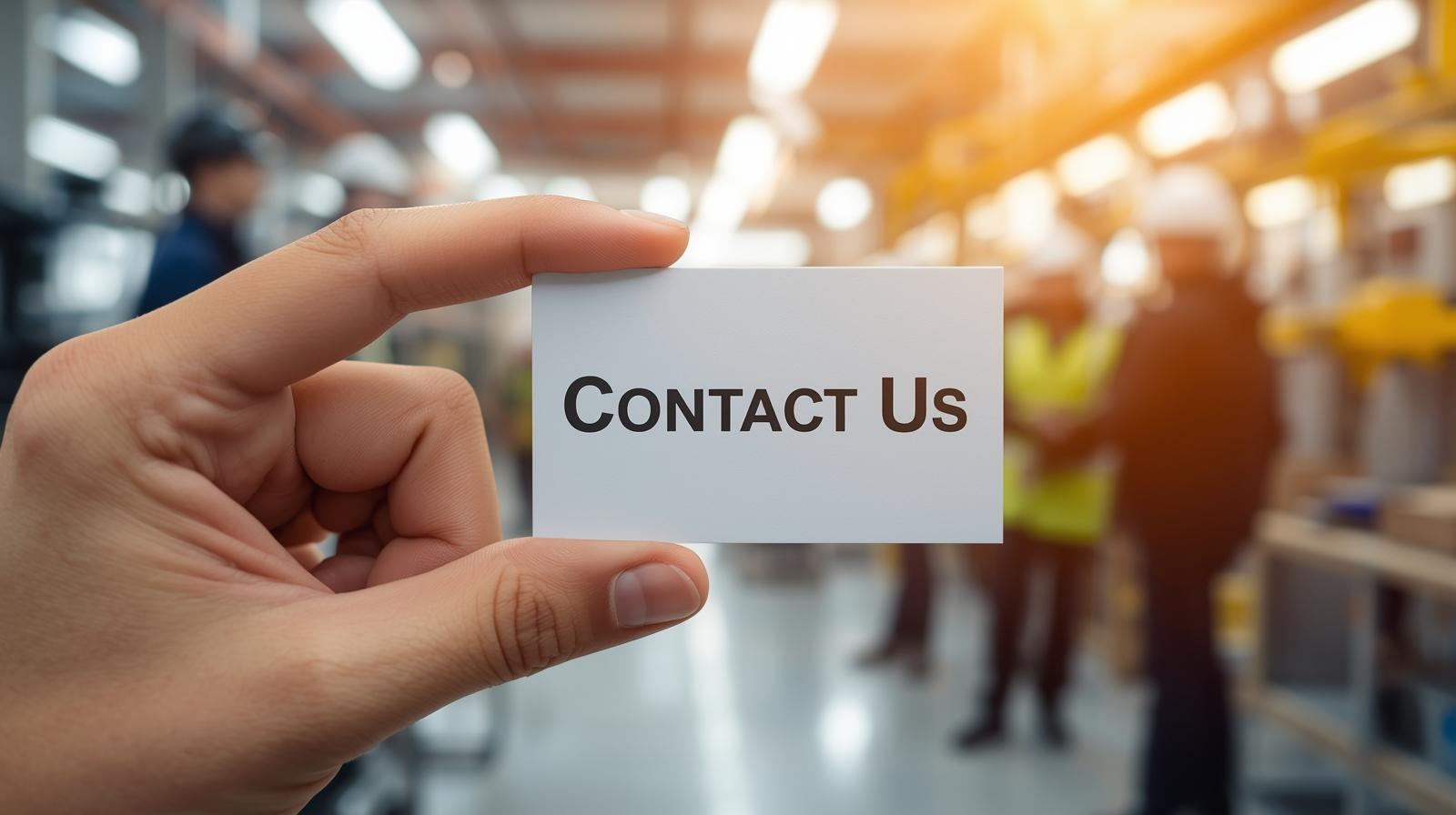 A close-up of a hand holding a professional 'Contact Us' card against the blurred background of an active industrial warehouse, inviting clients to engage directly with Stellaro's engineering team