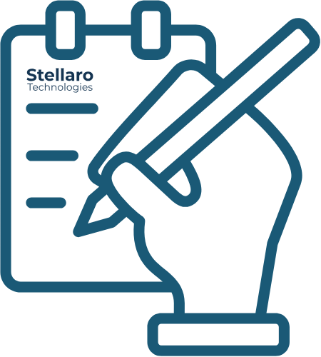 A line-art icon for Stellaro Technologies featuring a hand holding a pen over a clipboard with a checklist, representing professional system design and consulting services