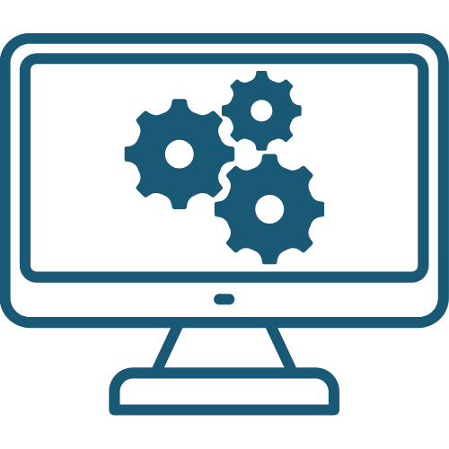 A desktop monitor icon displaying three interlocking gears, representing Stellaro Technologies’ commissioning and ongoing technical support services