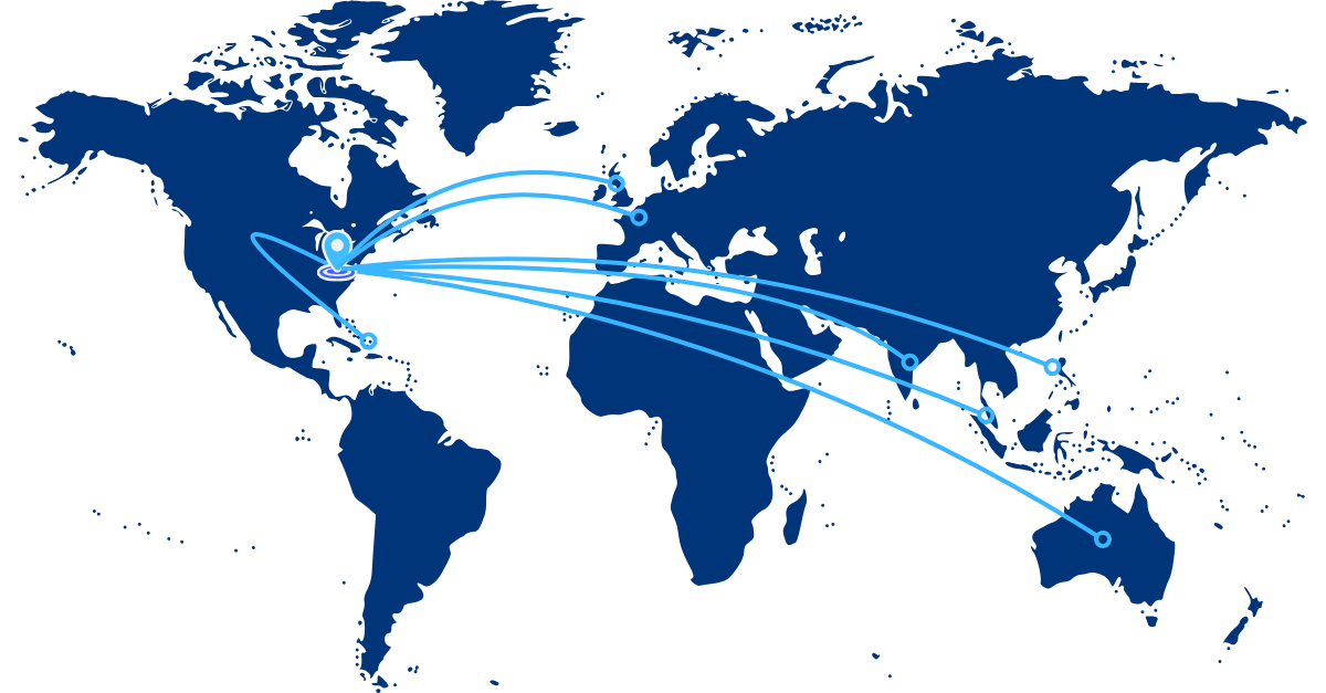 A world map highlighting the international industrial automation and engineering project experience of Stellaro Technologies' founders across North America, Europe, Asia, and Australia.