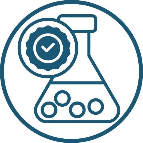 A pharmaceutical validation icon showing a laboratory flask containing chemical compounds, marked with a professional seal of quality and a checkmark