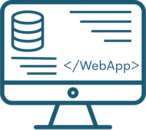 A computer monitor icon displaying a database symbol and a 'WebApp' code tag, representing custom industrial software development.