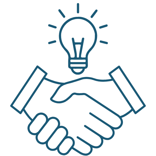 An icon for FEED and consulting services featuring a handshake beneath a glowing lightbulb, representing collaborative engineering solutions