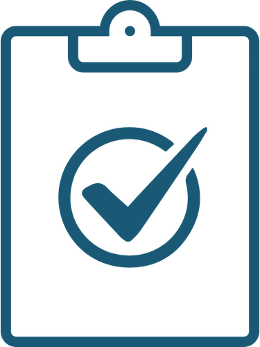 A compliance icon featuring a clipboard with a large central checkmark, representing industrial standards and technical auditing services.