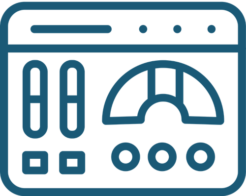 An icon for SCADA and HMI development featuring a digital dashboard with toggles, status indicators, and a central gauge.