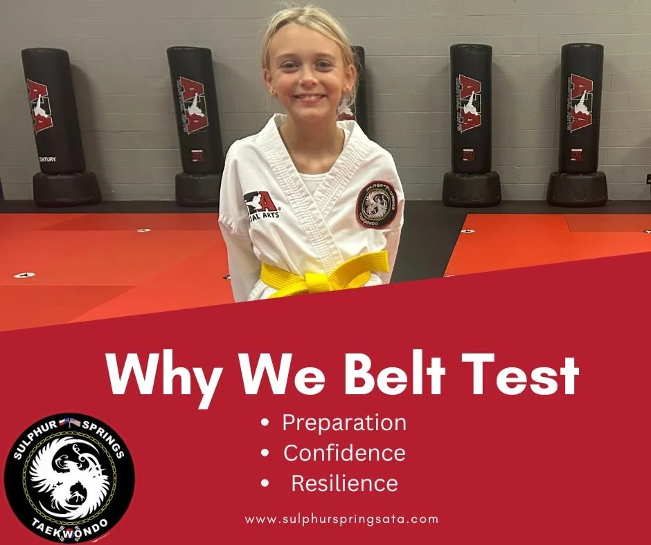 At Sulphur Springs ATA Martial Arts, belt tests exist for one big reason: students must earn their next rank.
Every belt has clear requirements&mdash;and students must demonstrate the skills, knowledge, and attitude expected at that level.

That&rsqu