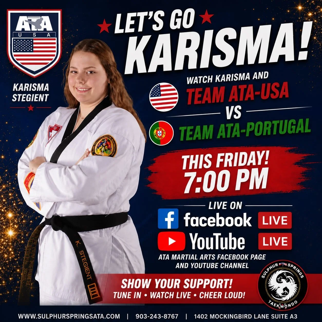 Watch Karisma and Team ATA-USA 🇺🇸 Elite Combat take on Team ATA-Portugal 🇵🇹 during the Songahm Cup Gold Medal Match. Broadcast will take place during the ATA Parade of Champions and Opening Ceremony Friday night starting at 7pm Central.  You can 