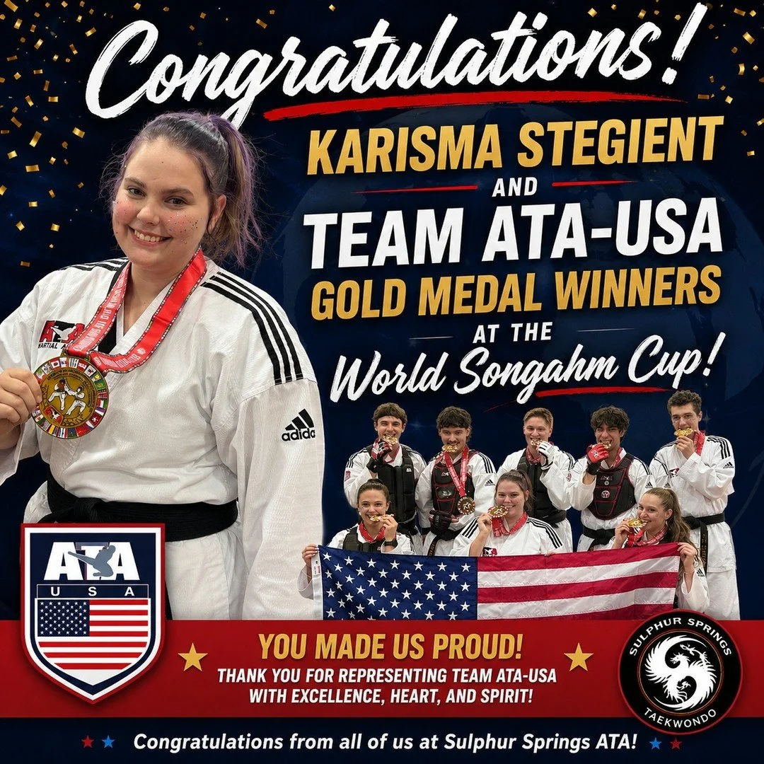 🇺🇸🥇 Karisma Stegient is a World Songahm Cup Gold Medalist! 🥇🇺🇸

Everyone at Sulphur Springs ATA Martial Arts is incredibly proud of Karisma Stegient and Team ATA-USA Elite Combat on capturing the World Songahm Cup Gold Medal!

Karisma competed 