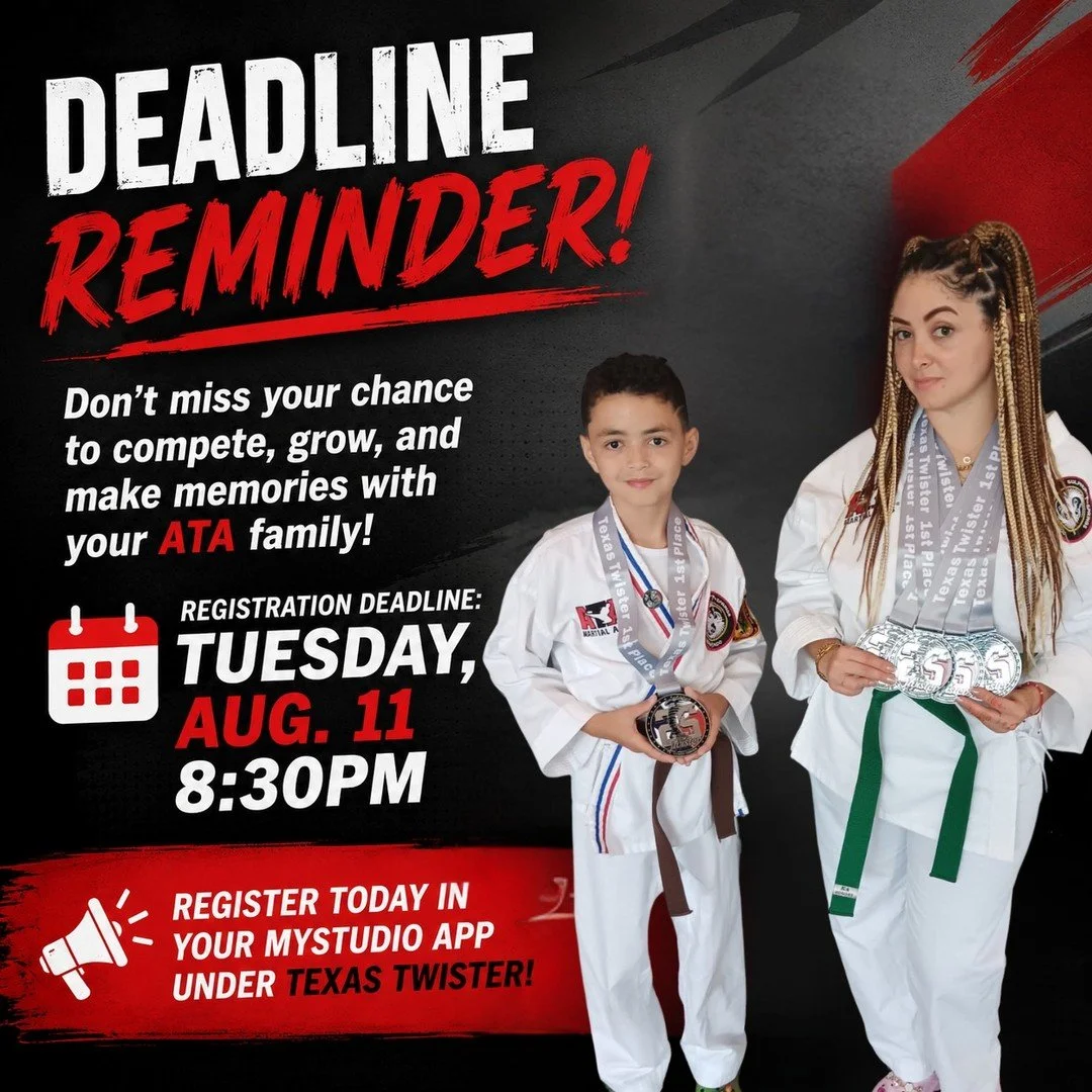 🚨 Today's the day! Registration closes tonight!

Don't let this opportunity pass you by. Whether it's your first tournament or your fiftieth, every time you step on the mat you become a stronger martial artist and a more confident person.

We'll be 