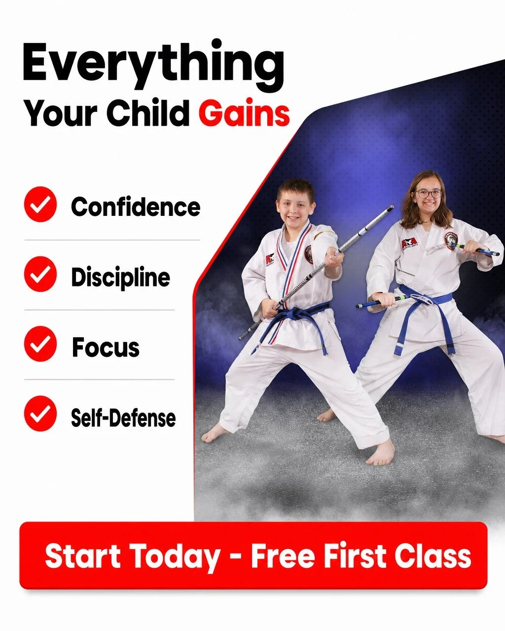 One free class. So much for your child to gain: confidence, discipline, focus, and real self-defense skills - all in a supportive, family-focused environment right here in Sulphur Springs. Our beginner-friendly taekwondo programs meet kids where they