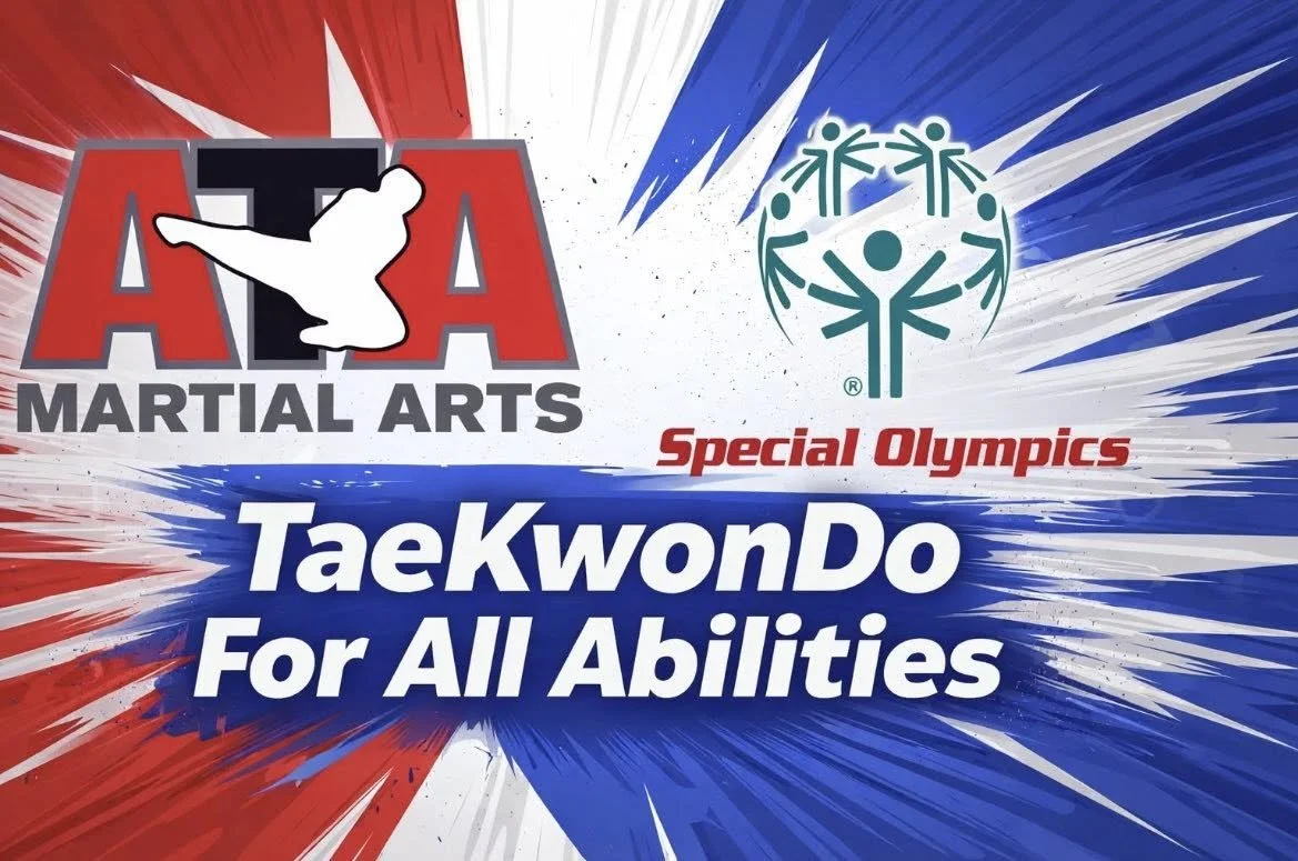 A promotional graphic for ATA Martial Arts and Special Olympics featuring a martial arts logo with a silhouette of a martial artist in a kick stance, the Special Olympics logo with a group of stylized figures holding hands in a circle, and text that reads "Taekwondo For All Abilities" on a red, white, and blue background with dynamic splash effects.