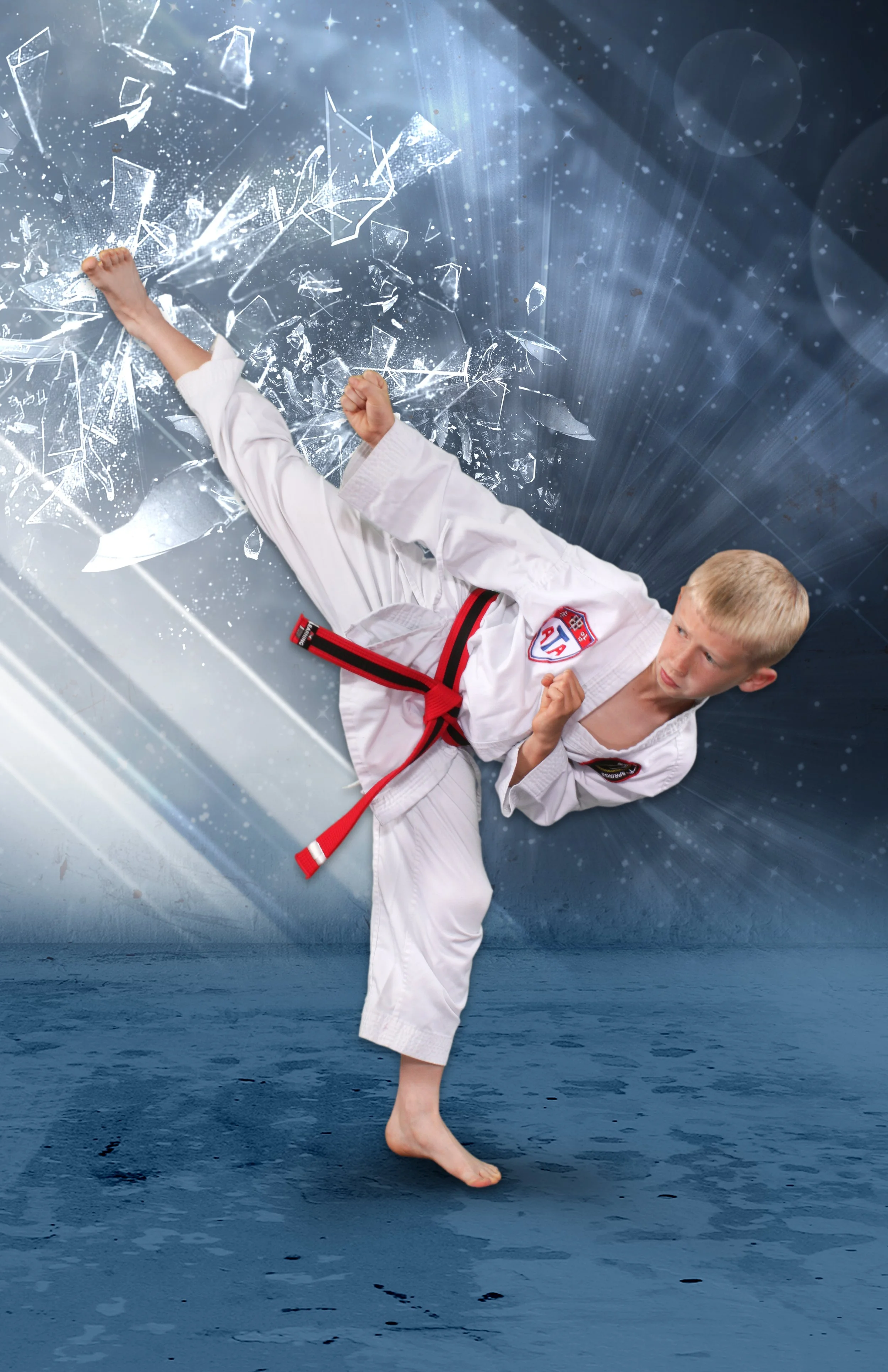 An image of a preteen boy doing a side kick to a high level