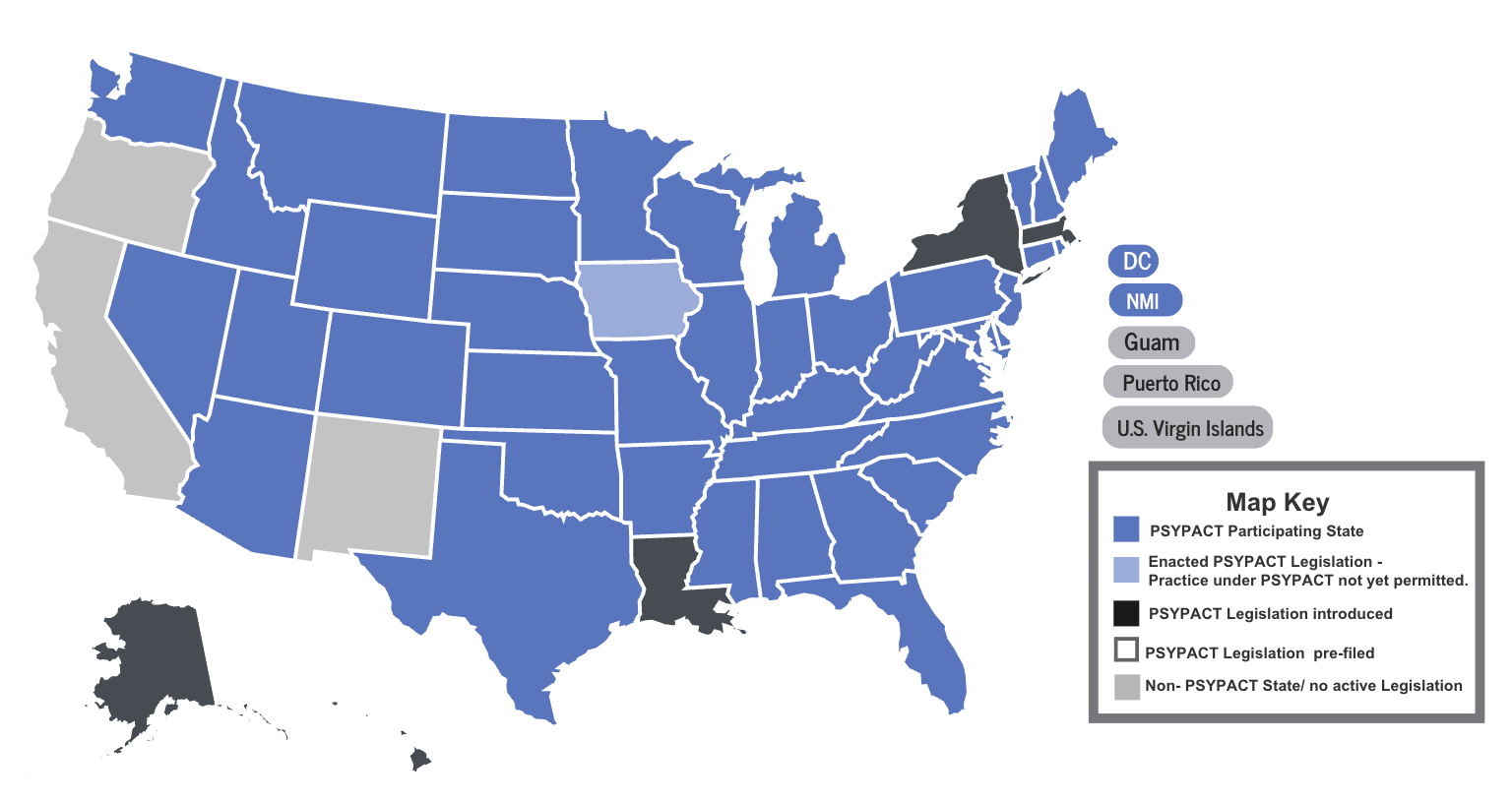 Map of states included in psypact legislation