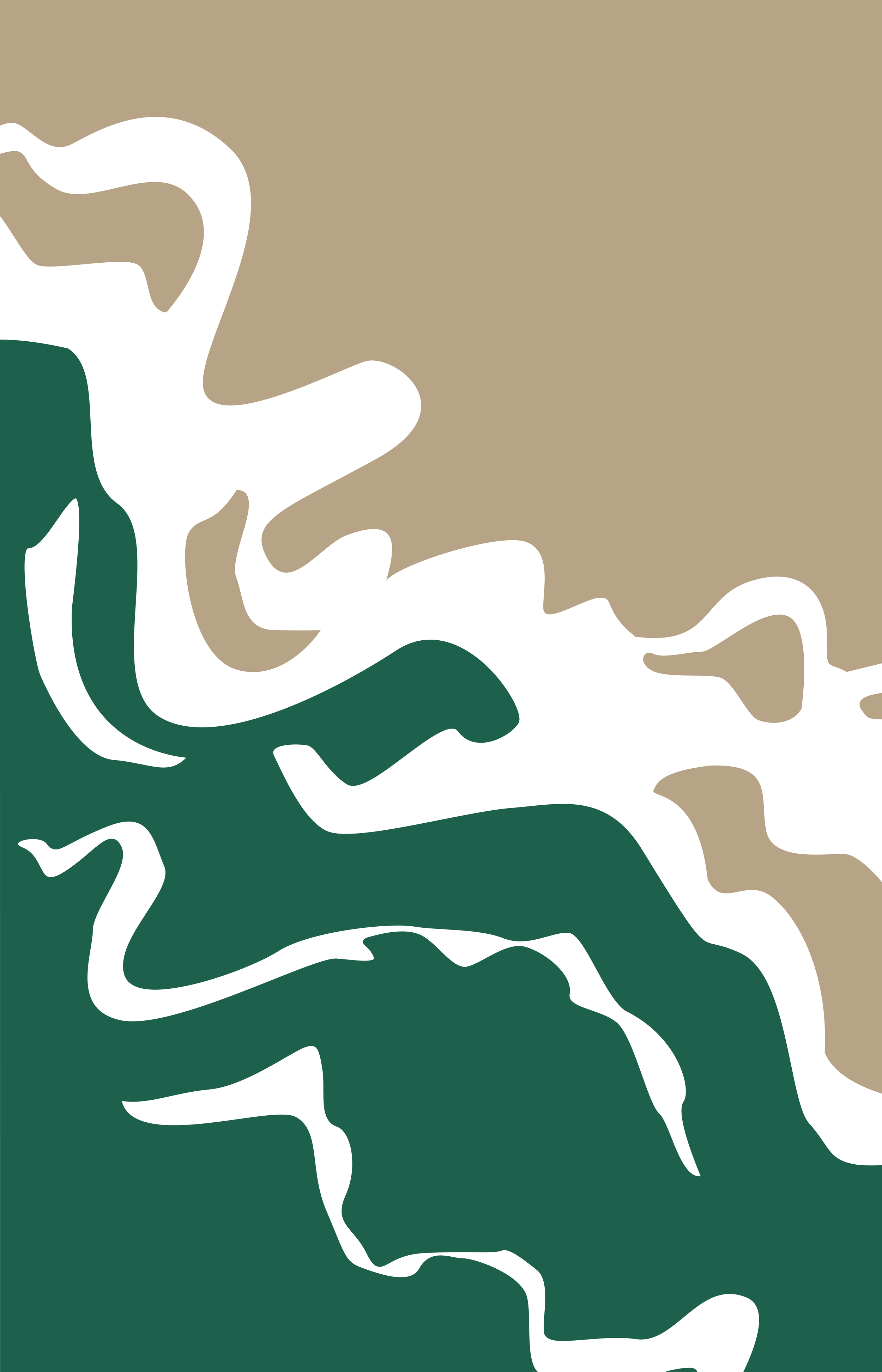 Abstract map with beige, white, and dark green sections representing land and water.