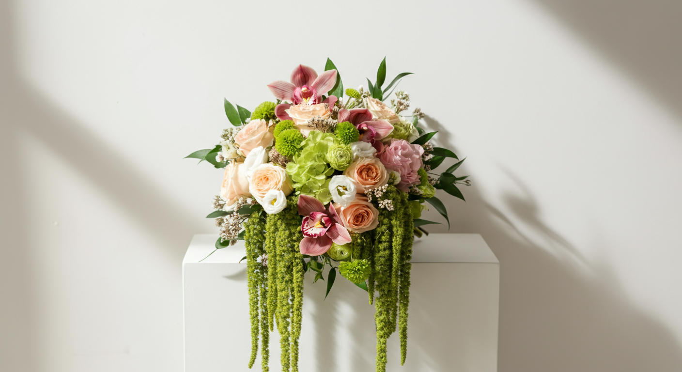 Beautiful floral arrangement with pink, peach, and white flowers including roses, orchids, and greenery on a white pedestal against a neutral wall.