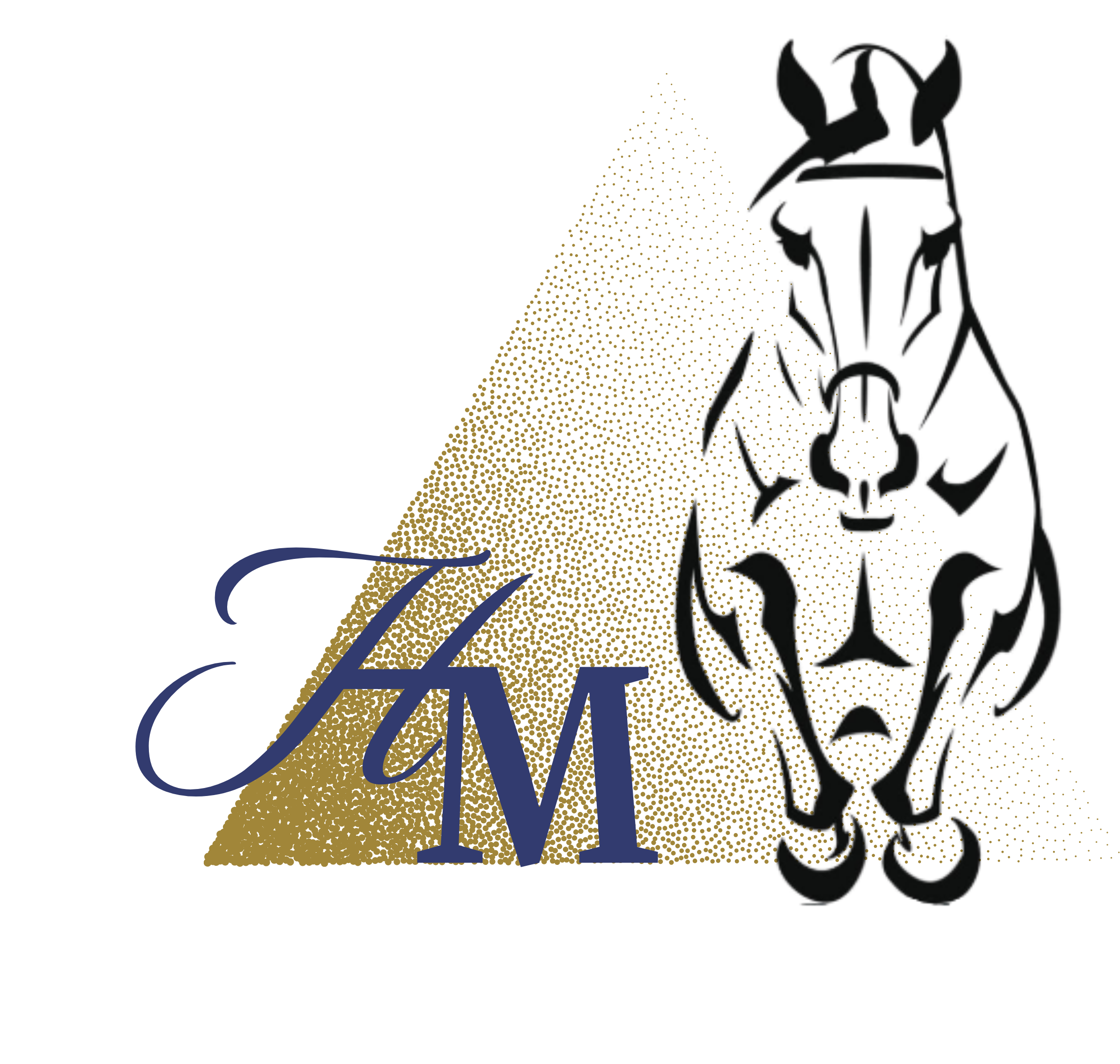 A logo with a gold triangle background, overlayed by a black wolf face outline, and the stylized text 'FM' in dark blue.