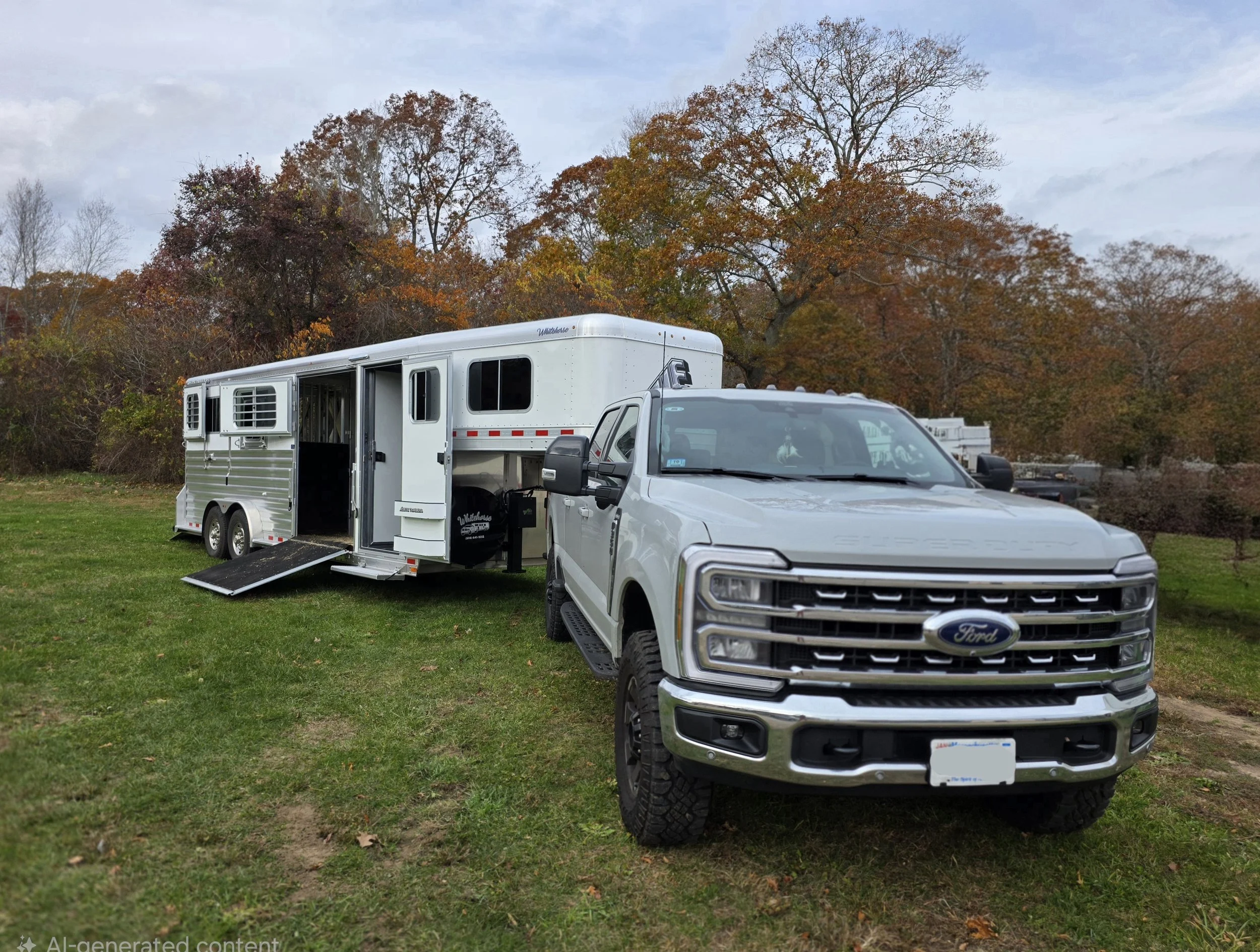A white Ford pickup truck parked on a grassy field in front of a large white horse trailer with a side ramp. The background features trees with autumn leaves and a cloudy sky.