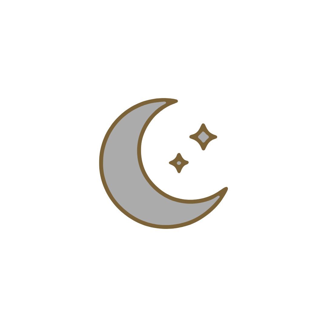 A cartoon-style gray crescent moon with two small stars on a black background.
