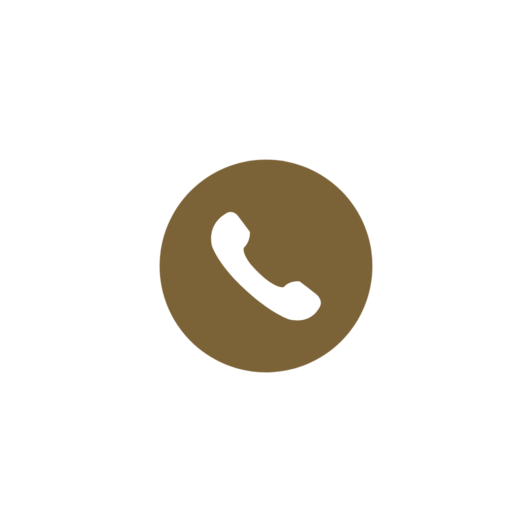 Phone call icon with a white phone receiver inside a brown circle on a black background.