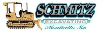 Logo for Schmitz Excavating in Monticello, Minnesota, featuring a yellow excavator.